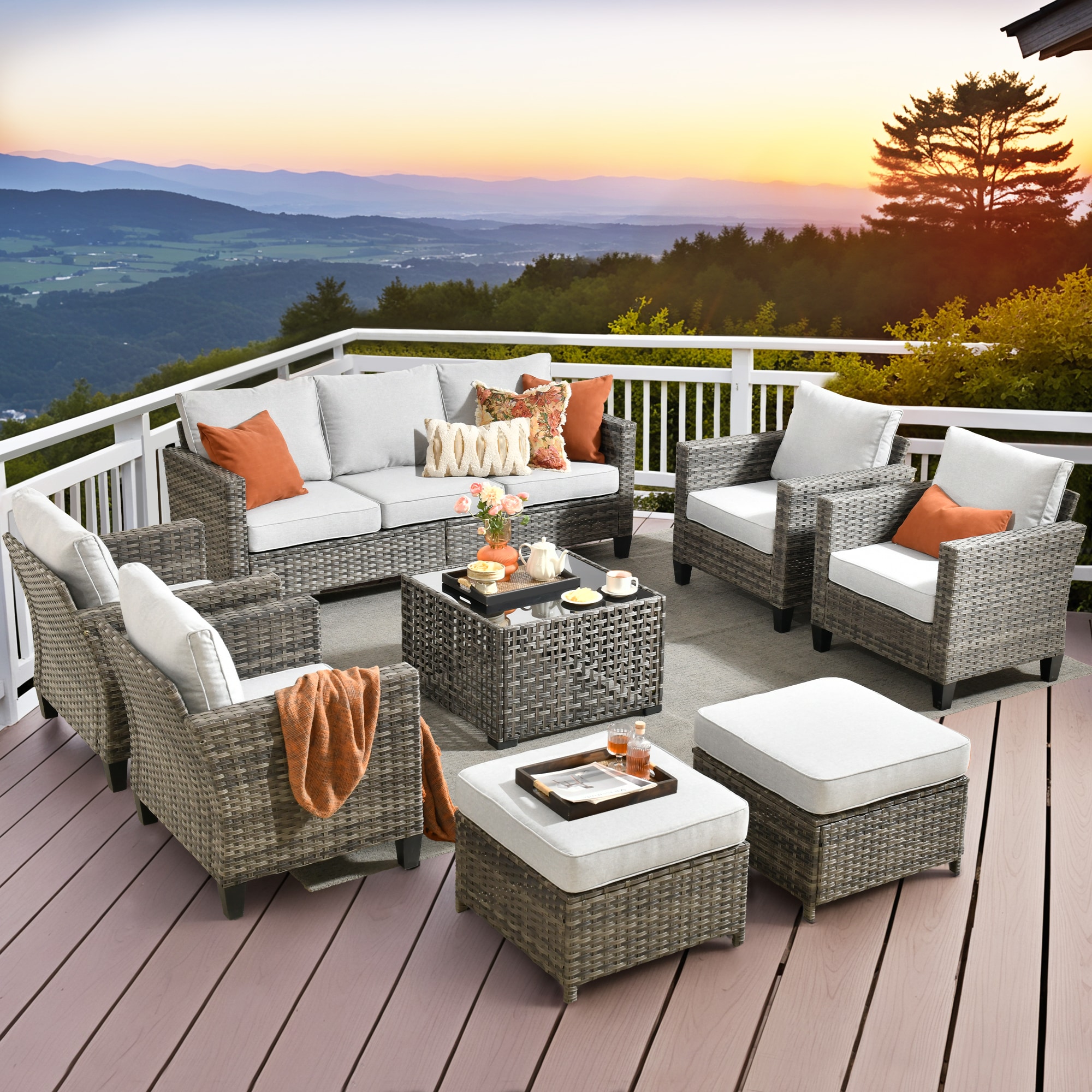 Pouuin SNGRS708 8 -Piece Wicker Patio Sofa Conversation Set with Light Gray Cushions