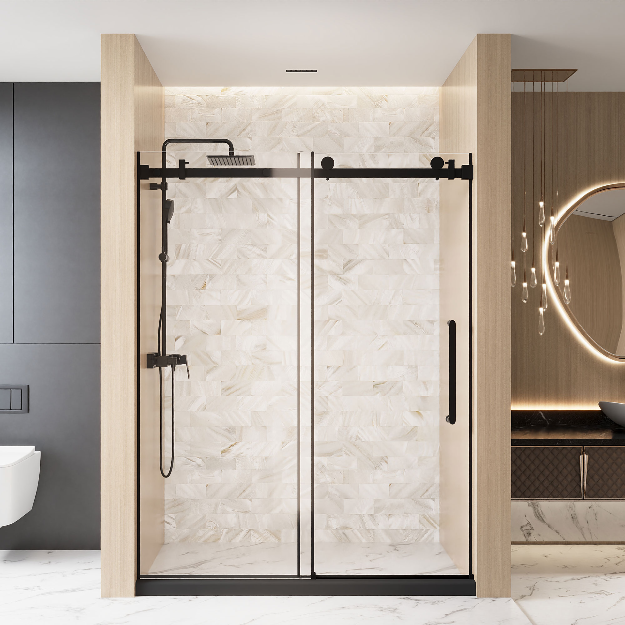 CASAINC CA13SE014876BN Matte Black 56-in to 60-in W x 76-in H Frameless Clear Glass Sliding Shower door