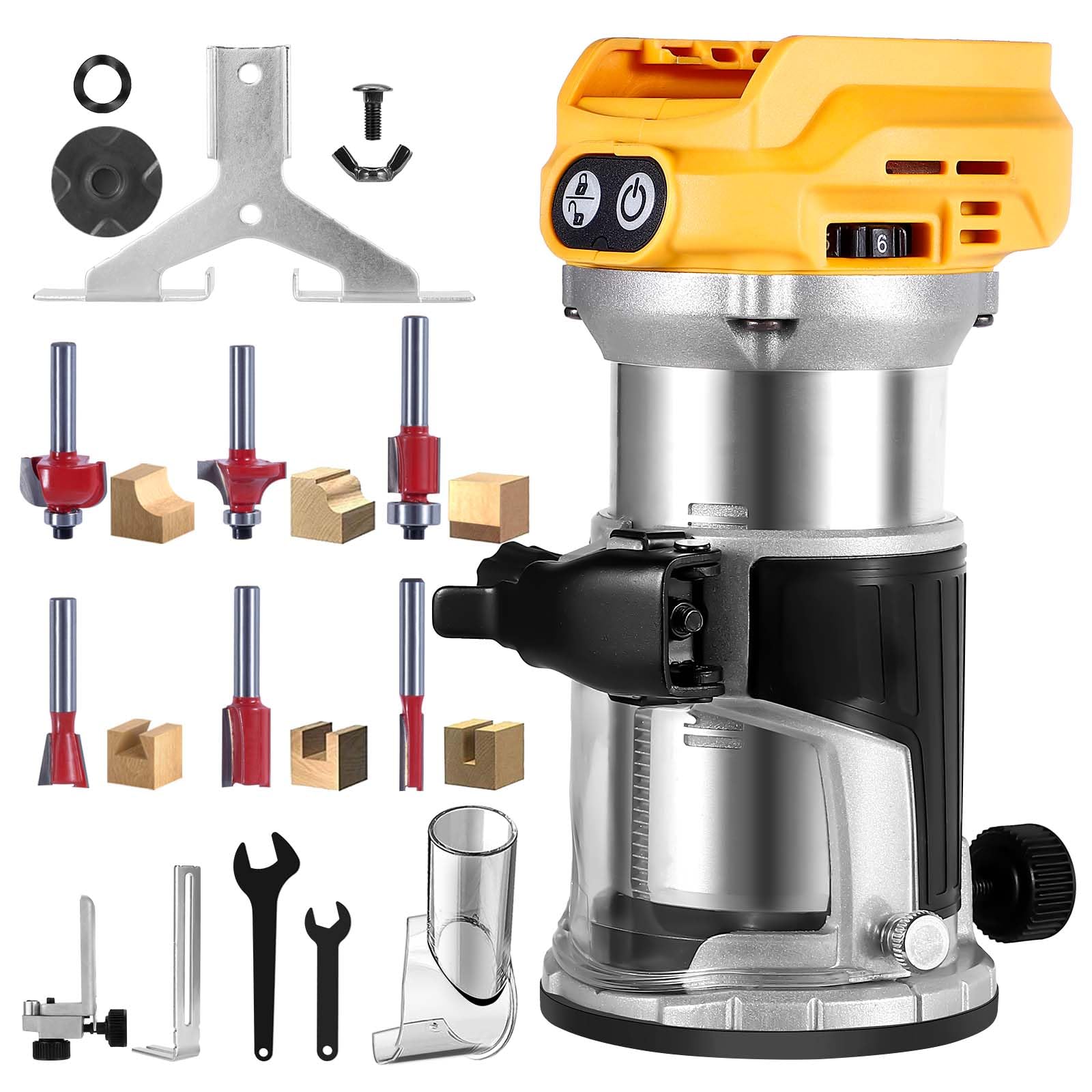 Ahfiwaso  Cordless Trim Router Compatible with DeWalt 20V MAX power cell 800W Brushless Motor 30000 RPM 6 Speed with Edge Guide Dust Hood and 6