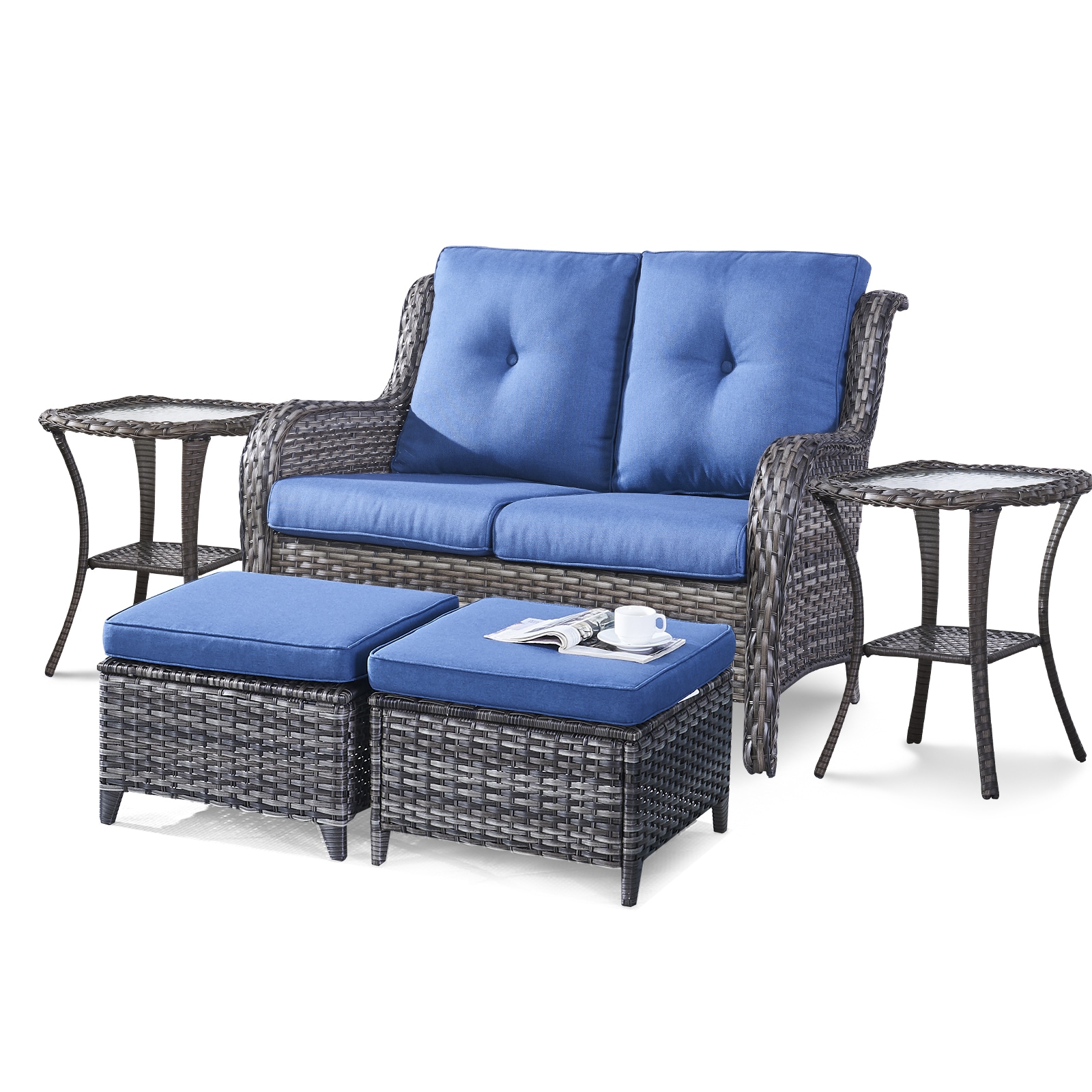 Rilyson FS039016026X2-1 Curved armrest 5 -Piece Wicker Patio Conversation Set with Blue Cushions