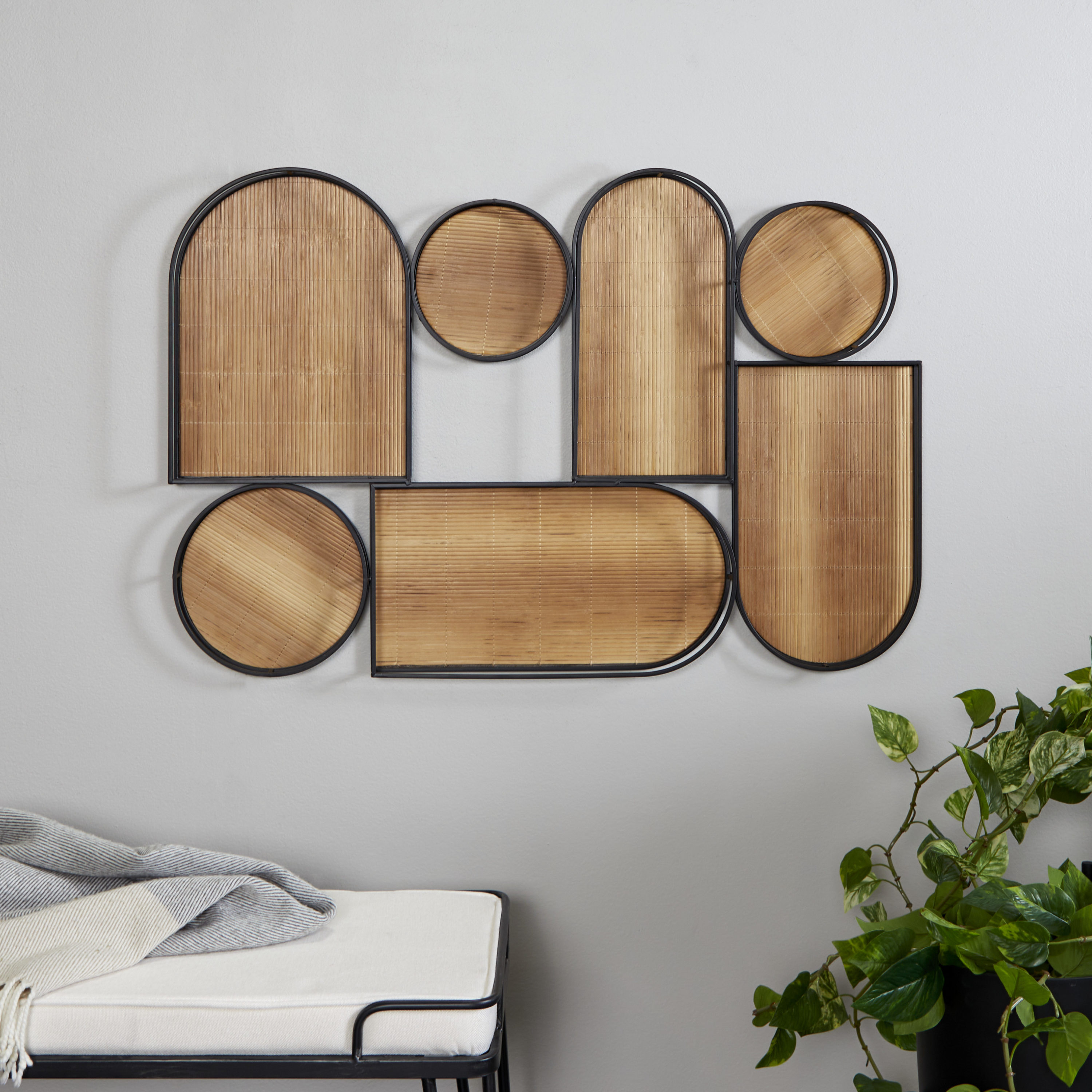 The Novogratz 88167 2.3-in W x 26-in H Wood Shapes with Slatted Wood Design Abstract Wall sculpture