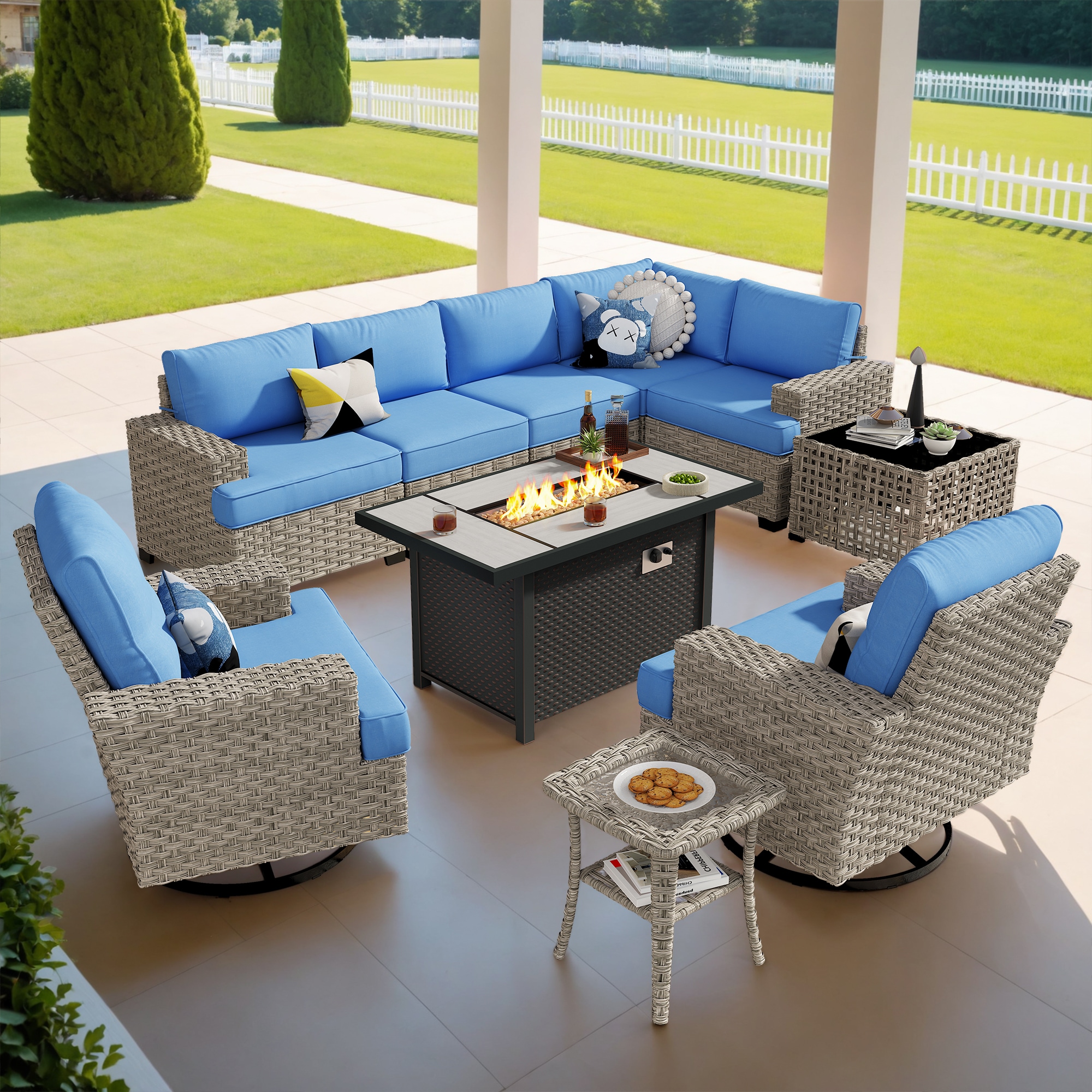 Caodoc L5-CFP03-YZTBS510-1 CFP03-YZTBS Rattan Outdoor Sectional with Blue Cushions and Wicker Frame