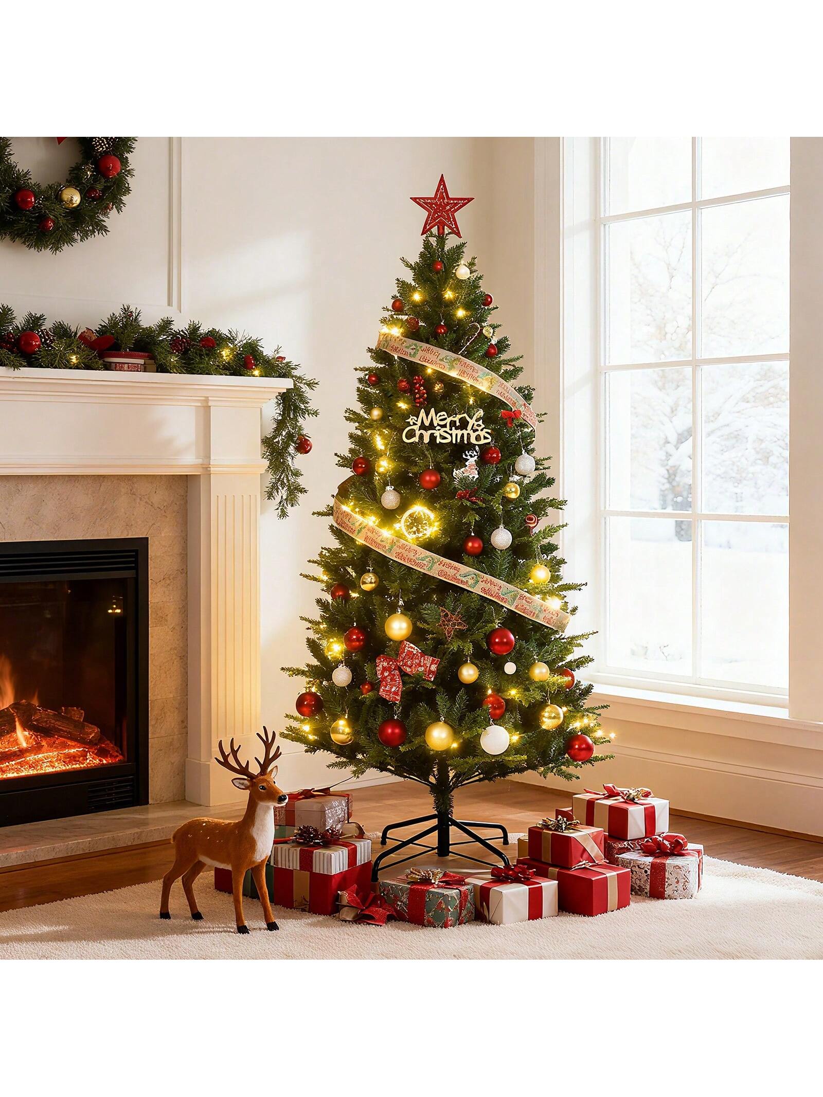 Qeetex BY-PHK-35QT5P9Y Artificial Christmas Tree 6 FT Realistic Lifelike Pine Tree With Sturdy Metal Stand Hinged Design For Easy Setup Indoor Outdoor Holiday Decor For Home Office Christmas