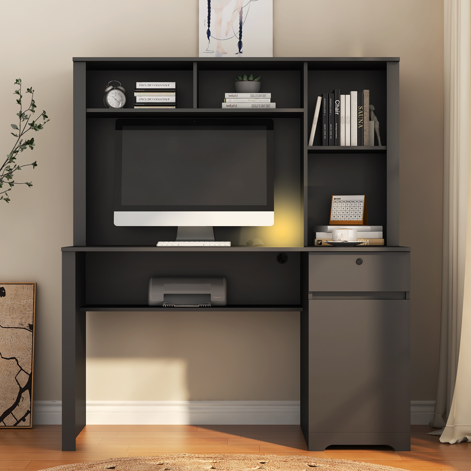 Tatayosi JL-289999 Wood Executive Desk with Hutch Charging Station and Lockable Drawer