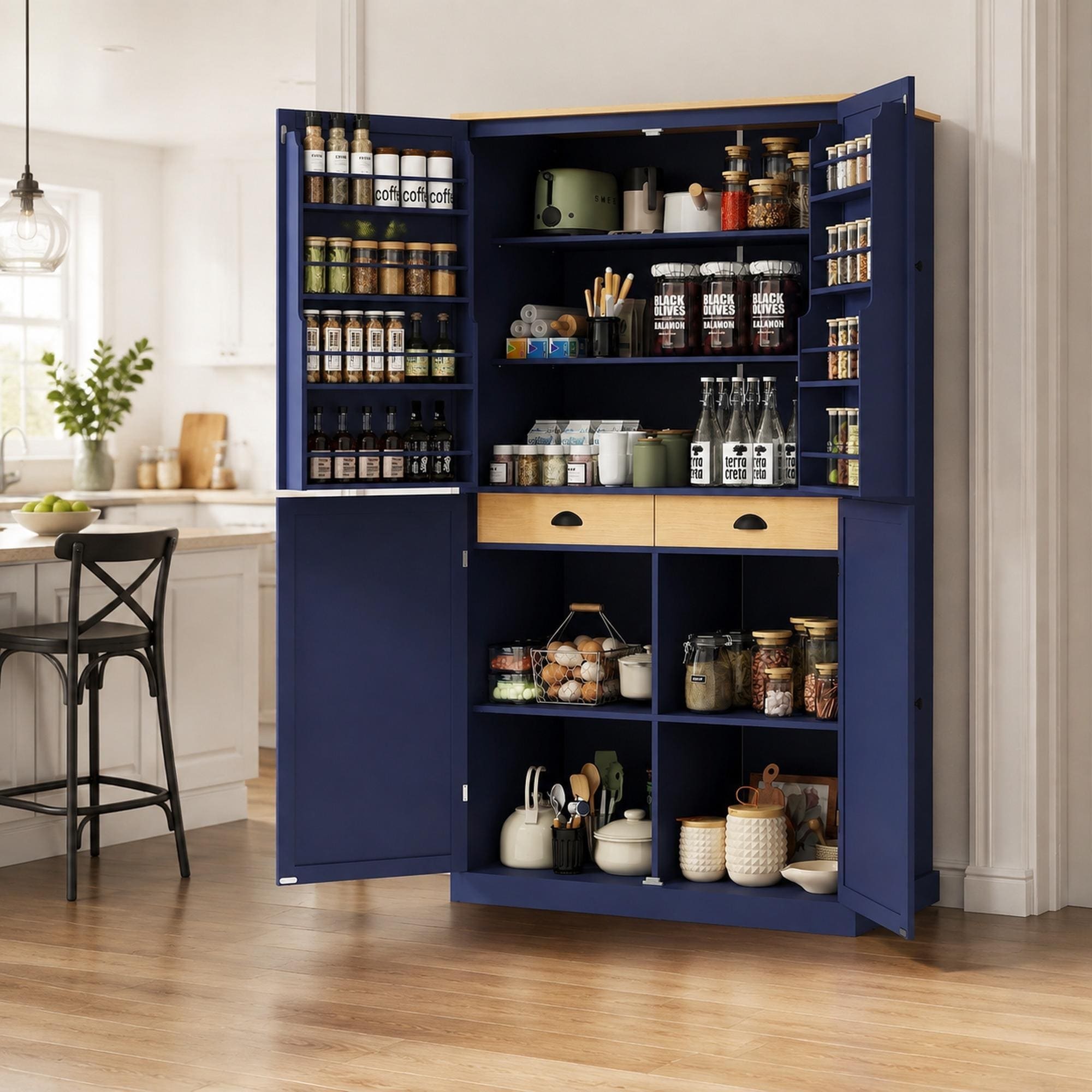 TEINIE TOPMAX Freestanding Kitchen Pantry Cabinet with 2 Drawers Adjustable Shelves and 8 Door Racks in Blue #LYL-SP000046AAC