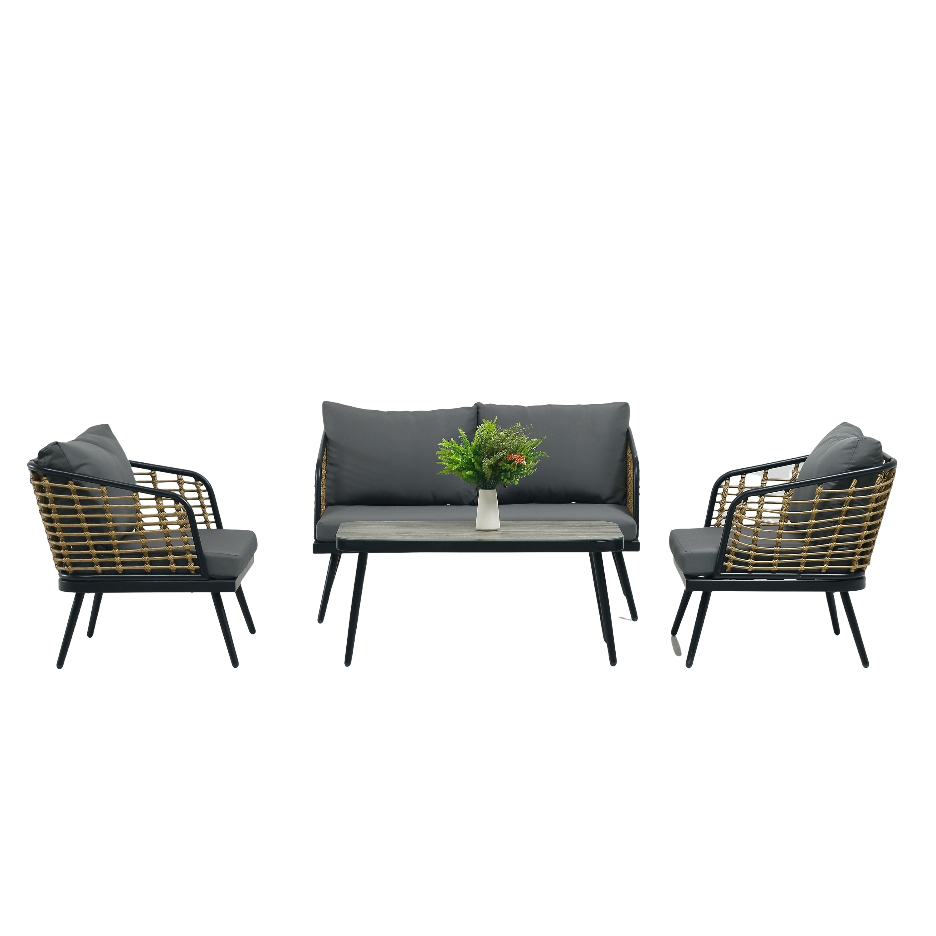 AHIOU HOME ZAAHG-7S00003SF Cyrus 4 -Piece Wicker Patio Conversation Set with Gray Cushions