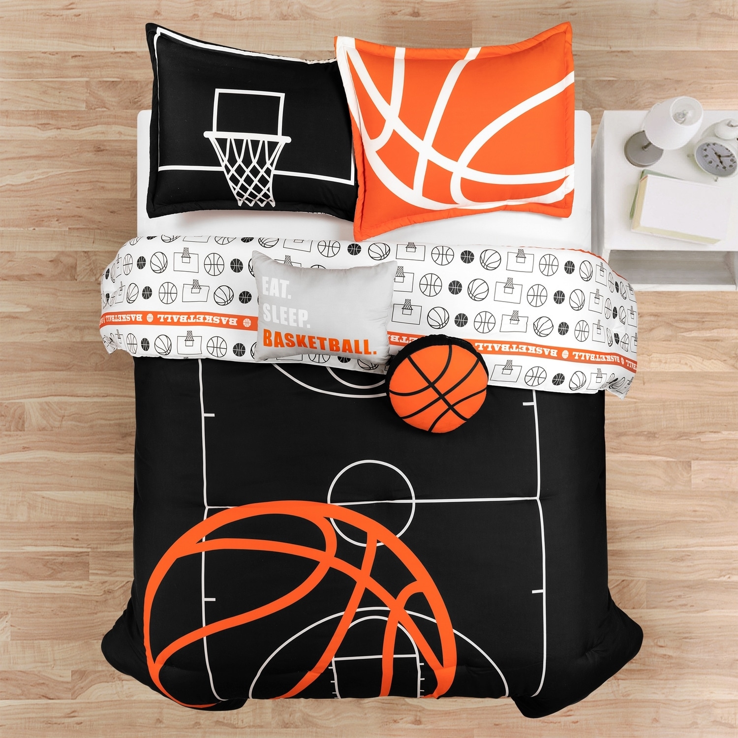 Full Black and Orange Microfiber Reversible Basketball Comforter Set