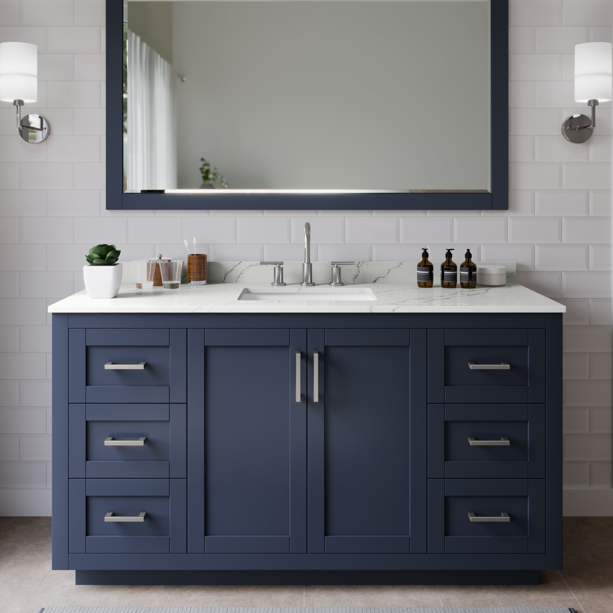 Wyndham Collection WCF292960SBNGTUS3MXX Miranda 60-in Dark Blue Undermount Single Sink Bathroom Vanity with Giotto Quartz Top