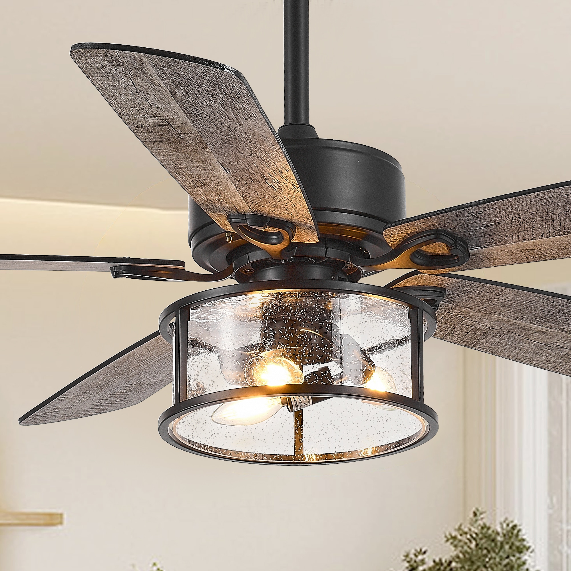 52-in Black with Plywood Blades Indoor/Outdoor Chandelier Ceiling Fan with Light and Remote (5-Blade) | - Breezary 23N04-BLK-A1