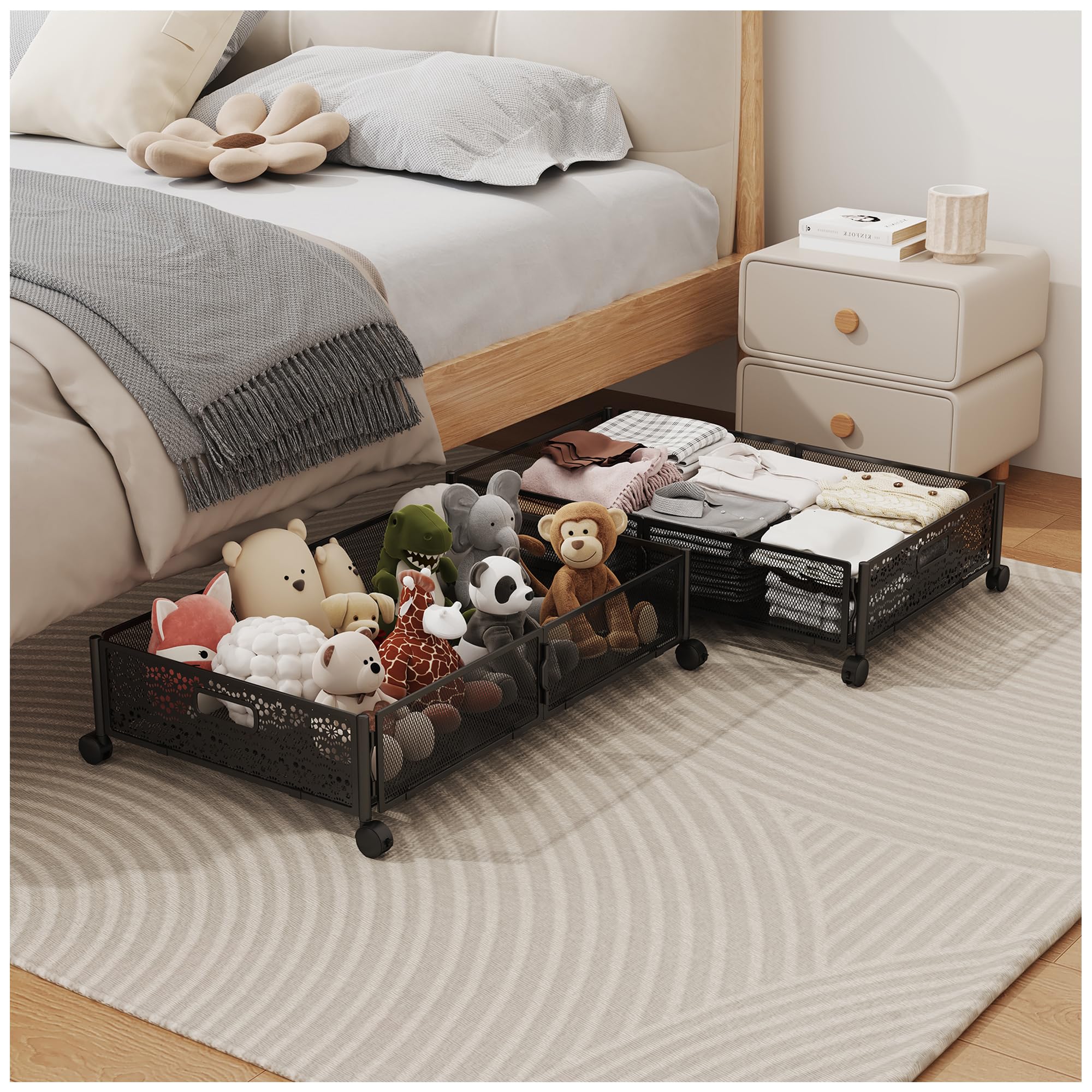 Lukvuzo  Under Bed Storage with Wheels Foldable Pattern Carved Metal Storage Bin 60L Capacity for Bedroom Clothes Shoes Toys 2 Pack