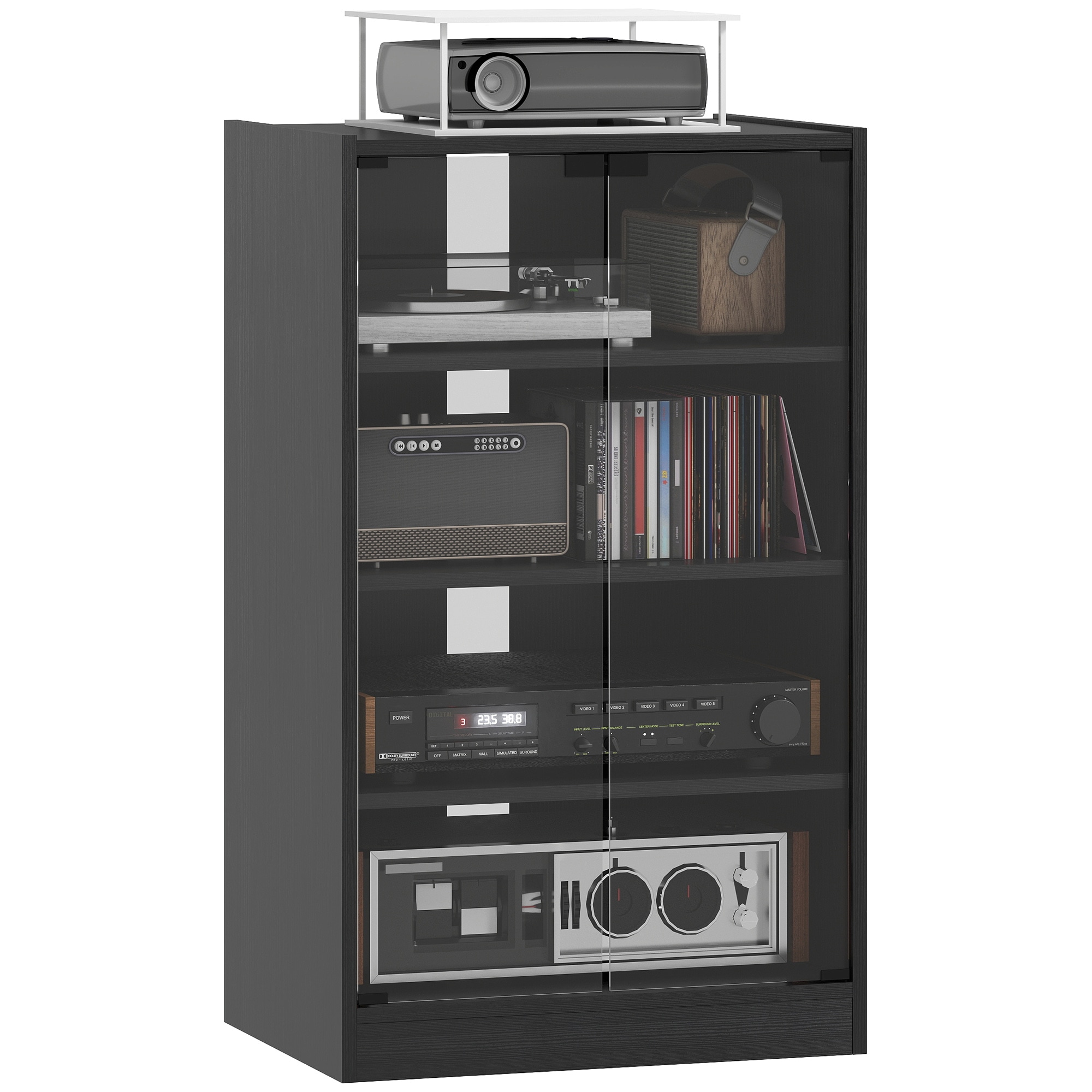 HomCom 838-082 Media Cabinet 4-Tier Stereo Cabinet Record Player Stand with Vinyl Record Storage Adjustable Shelves Tempered Glass Doors and Cable Management Distressed Black