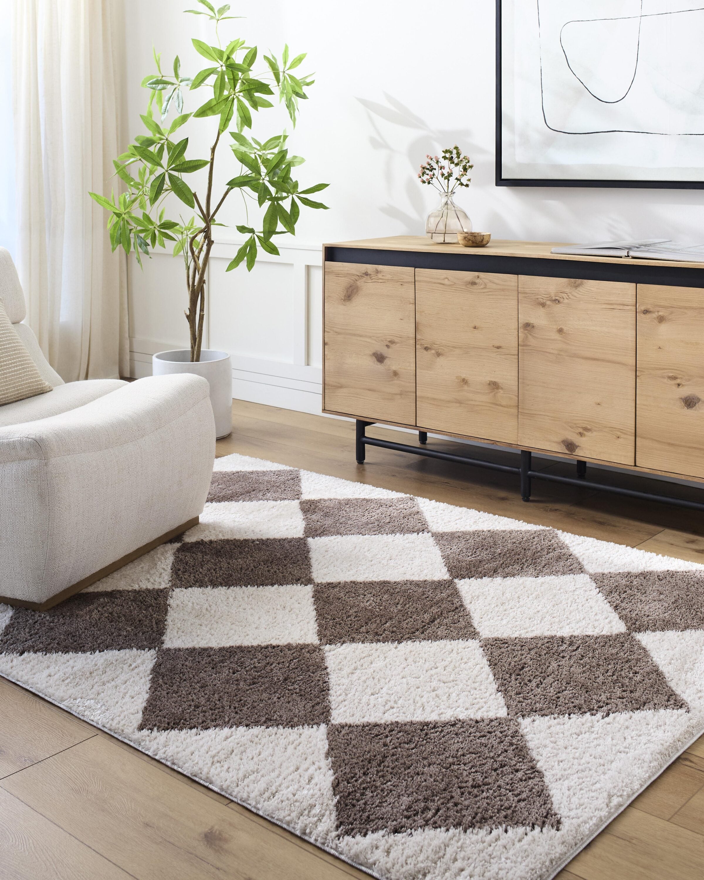 Livabliss FSG2323-679 Fossay Shag 6 x 9 (ft) Flatweave Polyester Light Beige/ Dark Brown Rectangular Indoor Mid-Century Modern Machine washable Area rug