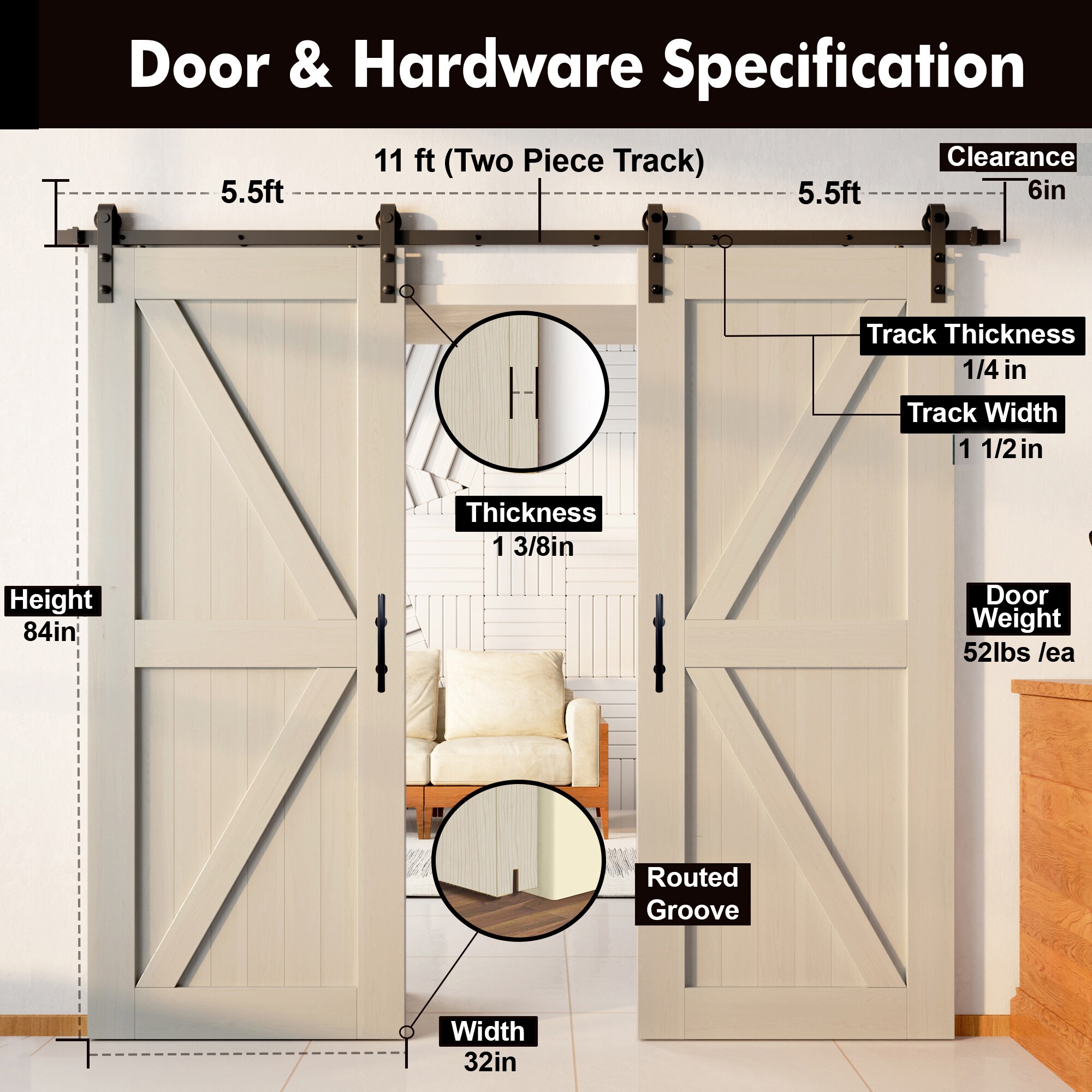 HOMACER YT2TGH132C-3284-K-TG Barn-Doors - View #7