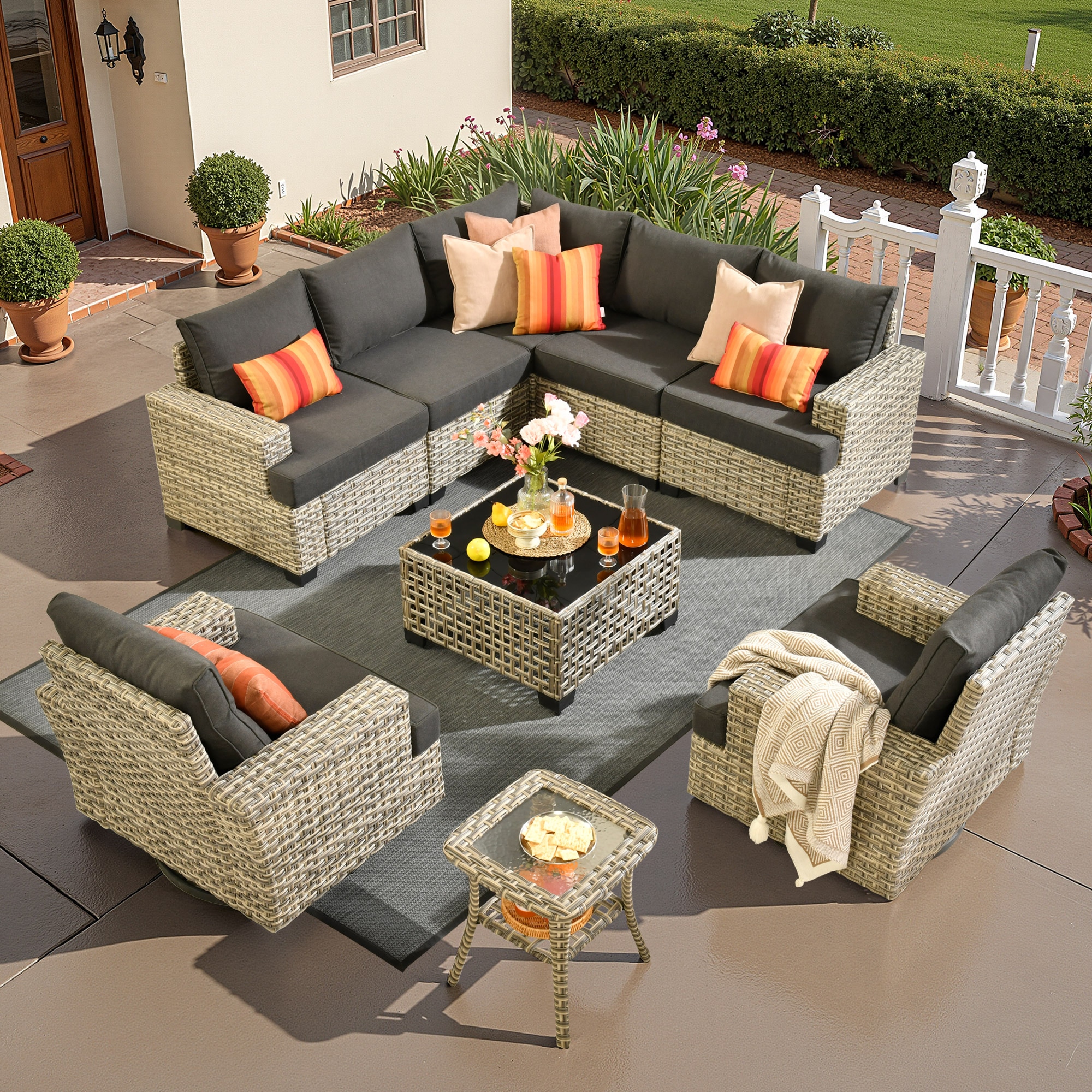 ALTRIGUS 6L-YZTBS1092-AL 9 -Piece Wicker Patio Sofa Conversation Set with Black Cushions