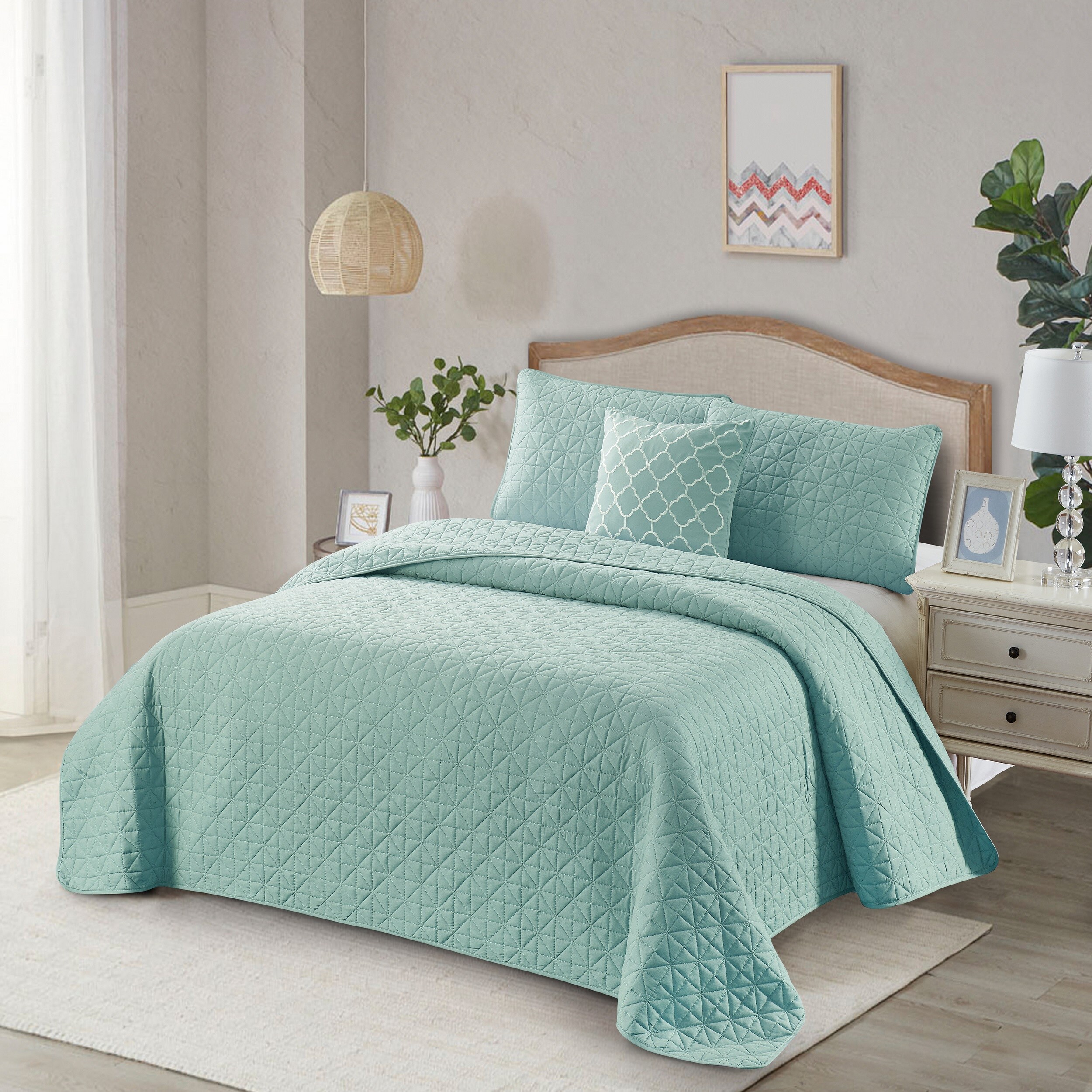 Bibb Home 4 Piece Quilt Set with Cushion Light Blue Solid Reversible Twin Quilt Microfiber