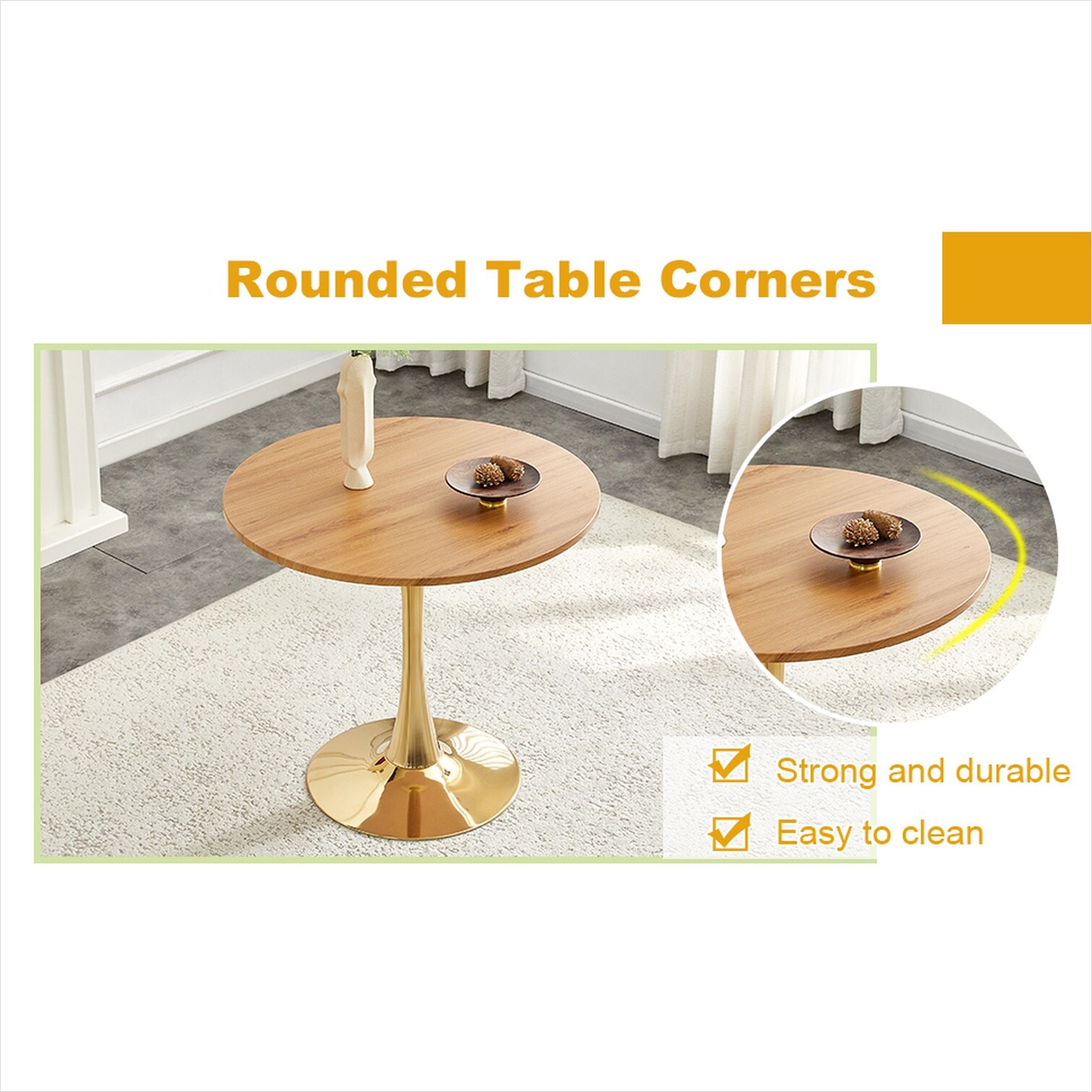 Watnature 31.5-inch Round MDF Dining Table in Soft Gold and Faux Wood ...