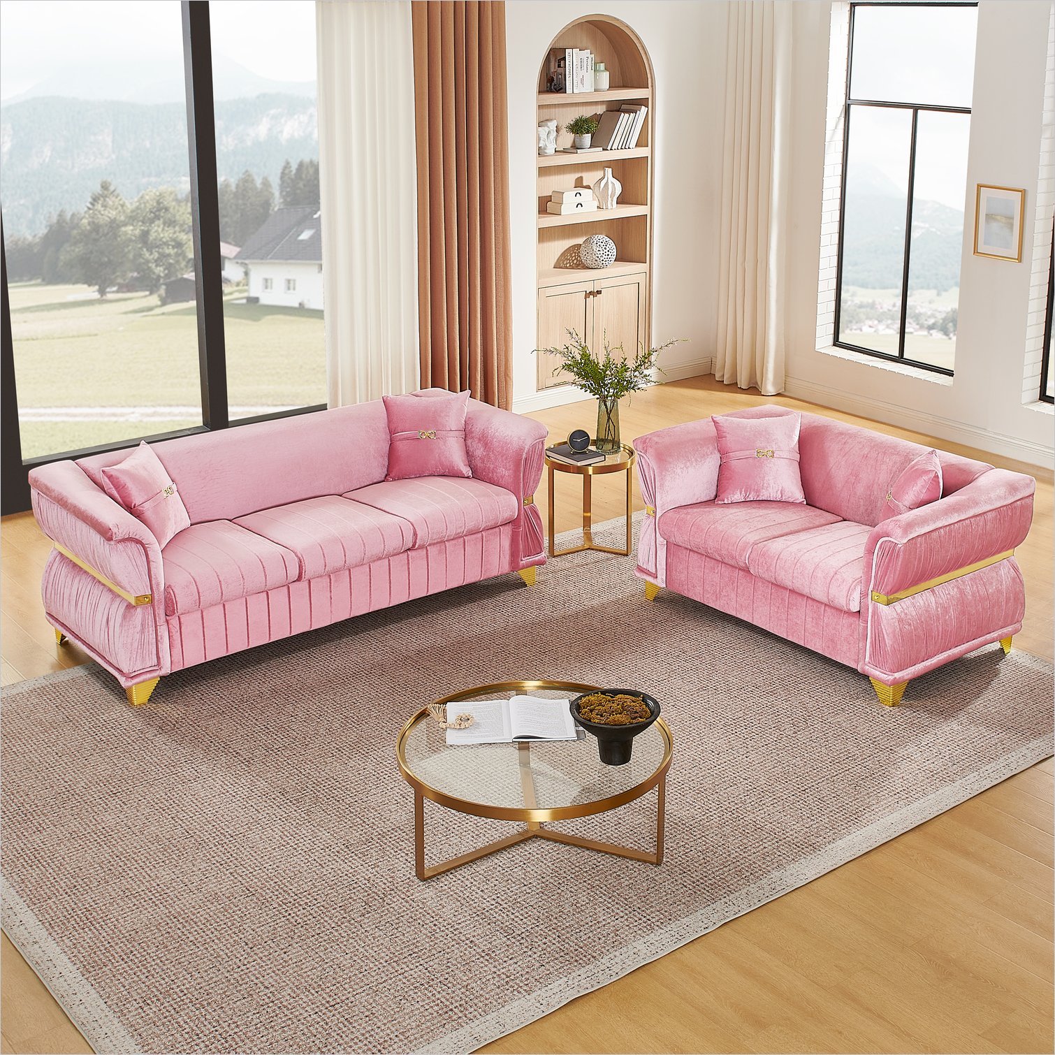 Watnature Velvet Sofa Set with Gold Legs Warm Pink 3-Seater and 2-Seater Modern Living Room in the Couches, Sofas & Loveseats department at