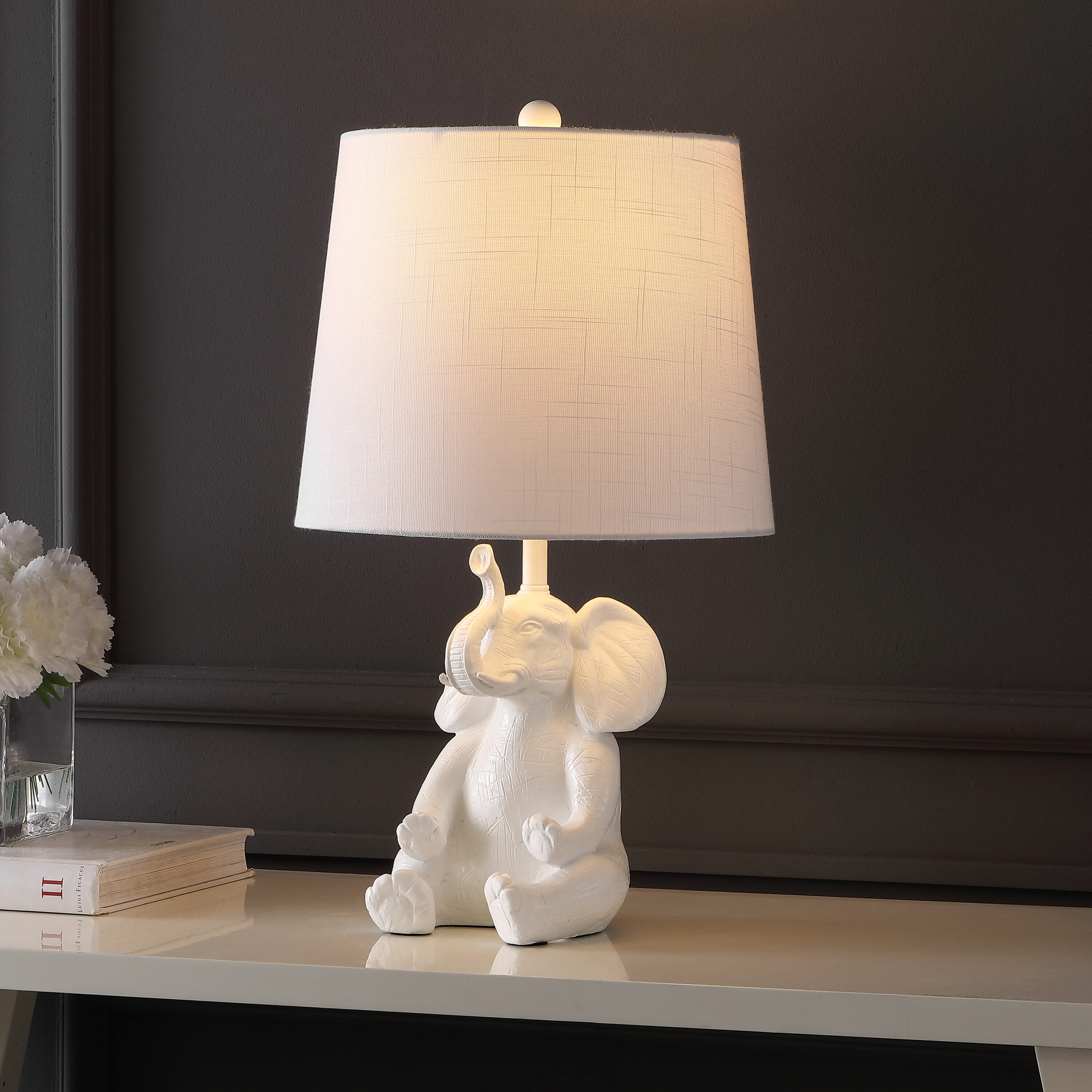 JONATHAN  Y JYL4060A Kairi Shabby Chic Happy Elephant 21-in White LED Rotary socket Table Lamp with Linen Shade