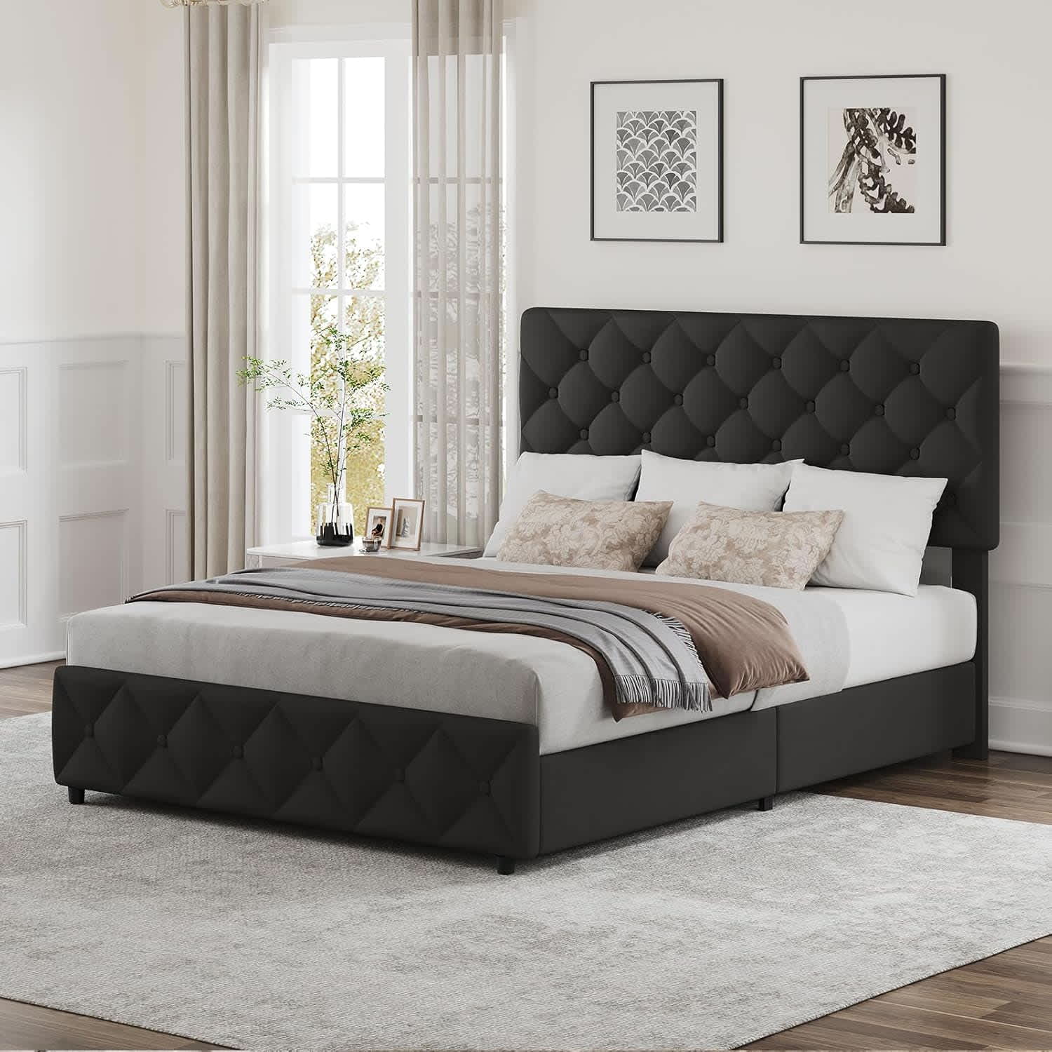 Qeetex LHF-BED-PHO-0ZIES268 Queen Size Bed Frame with 4 Storage Drawers and Adjustable Headboard Linen Upholstered Platform Bed Frame Diamond Stitched Button Tufted No Box Spring Needed Black