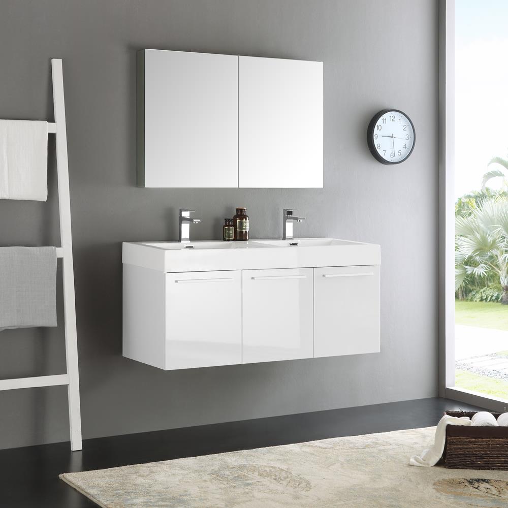 Fresca FVN8092WH-D Vista 48-in White Double sink Floating Bathroom Vanity with White Acrylic Top