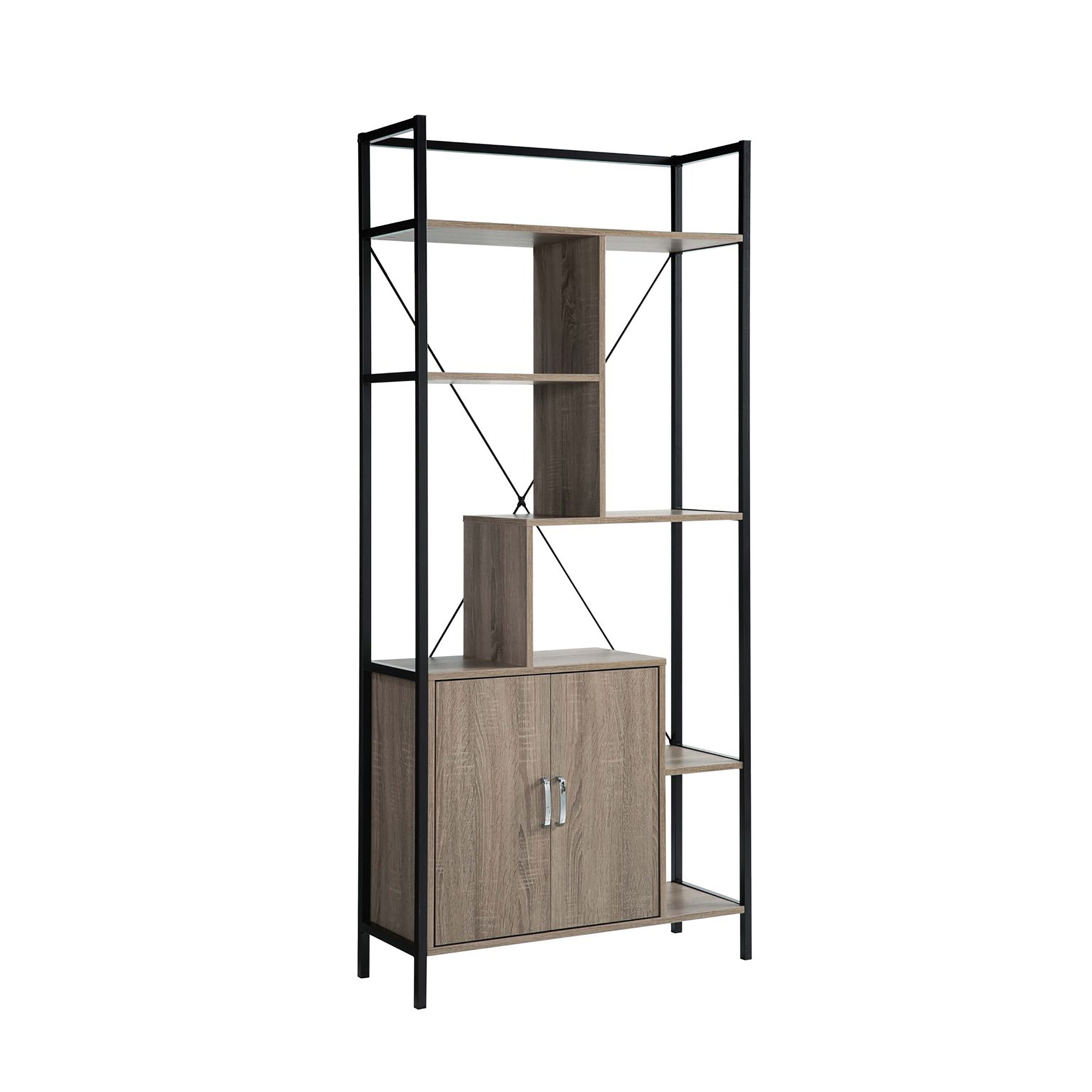 FC Design ID90223085 Walnut Oak Finish Metal 10-Shelf Bookcase with Doors (31-in W x 71-in H x 12-in D)
