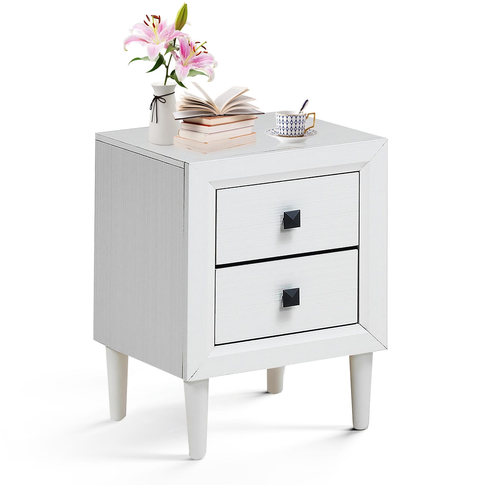 Slickblue D-CO-HW78116WH 1 Pc- Gray/ White/ Black Multipurpose Retro Nightstand with 2 Drawers Compact Bedside Table for Bedroom Living Room or Hallway