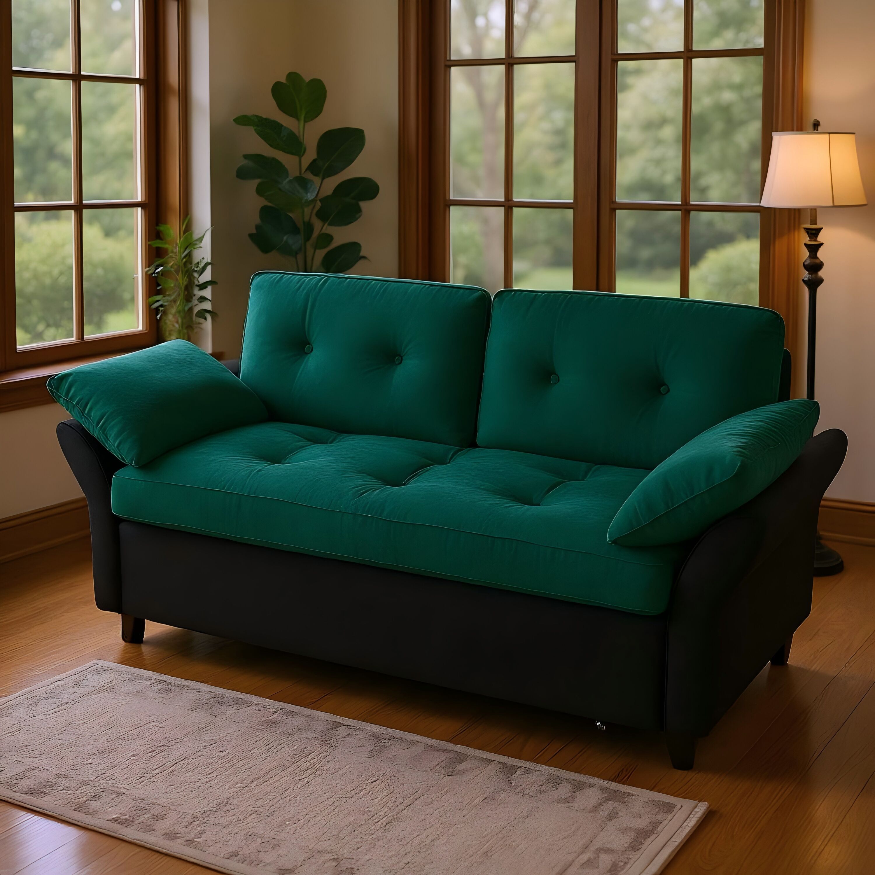 Homy Casa ART GR B ART 74.01 in. Emerald Green Chenille 3-in-1 Convertible Sleeper Sofa Bed with Side Storage and Premium Cushions