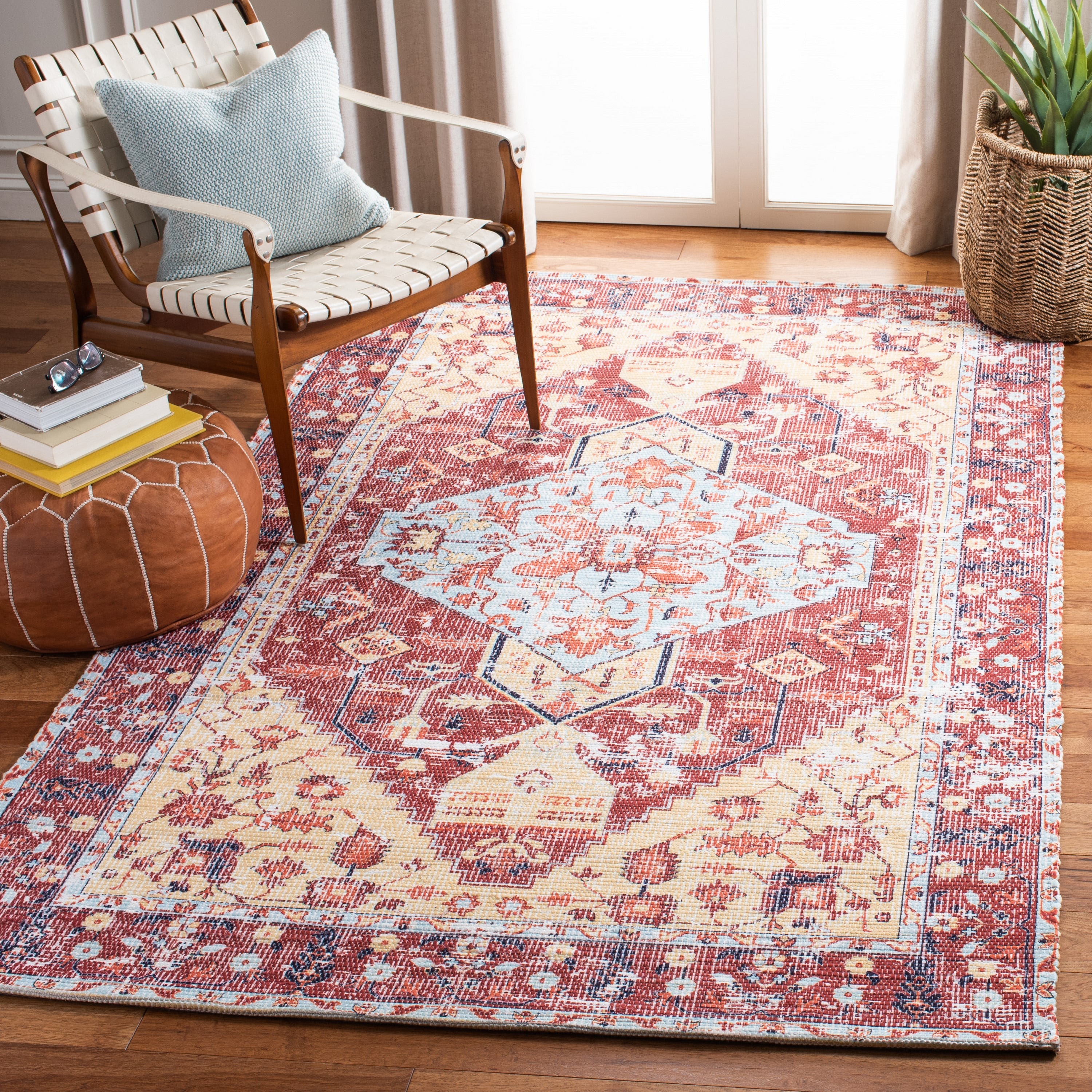 Saffron 6' x 6' Rust and Aqua Hand Loomed Cotton Area Rug