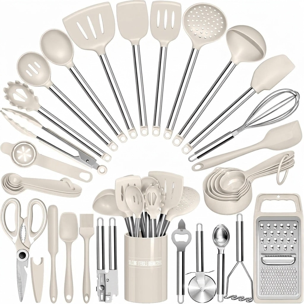 Oyezvary  34 pcs Silicone Kitchen Utensils Set for Nonstick Cookware Stainless Steel Handle Cooking Tools Set with Spatula Tongs Whisk Grater