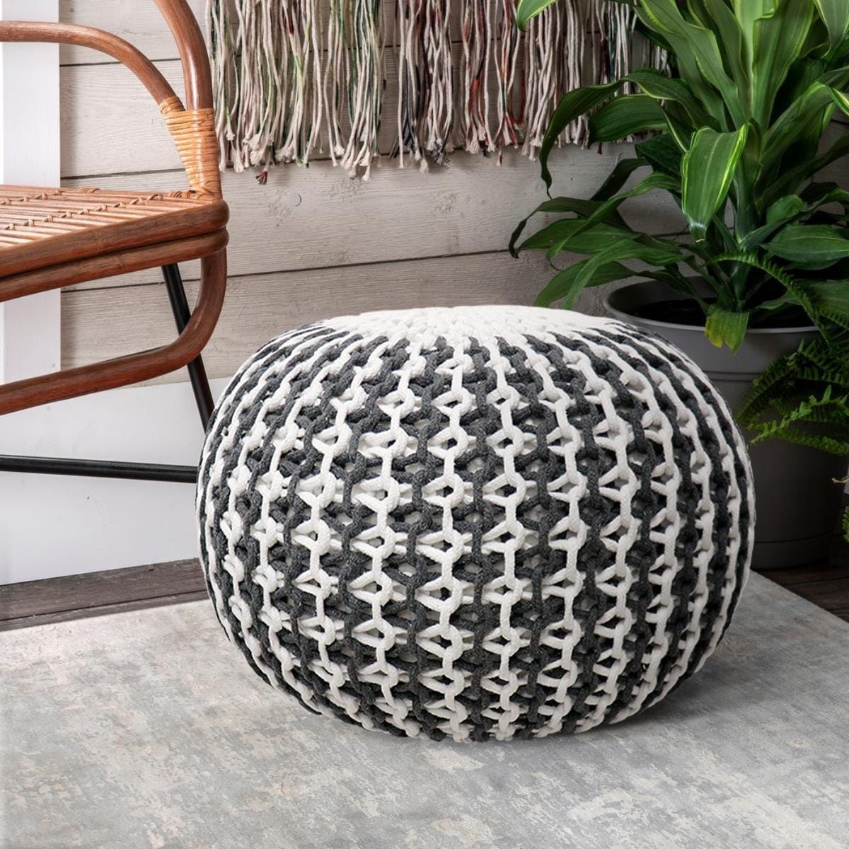 Santorini Contemporary Ivory & Grey Square Cotton Pouf