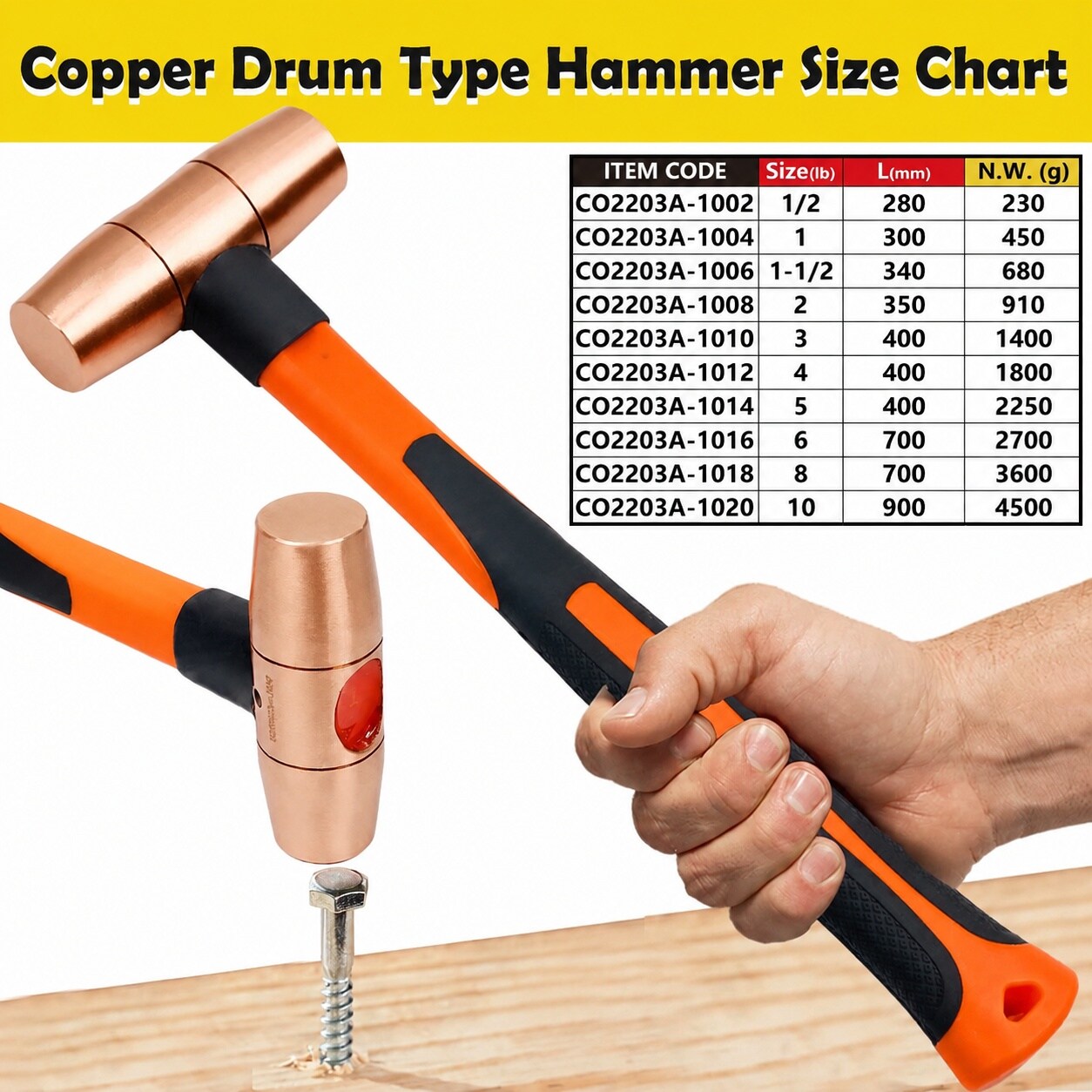AKSCYZM Copper Sledge Hammer One Pound Fiberglass Handle Length Three ...