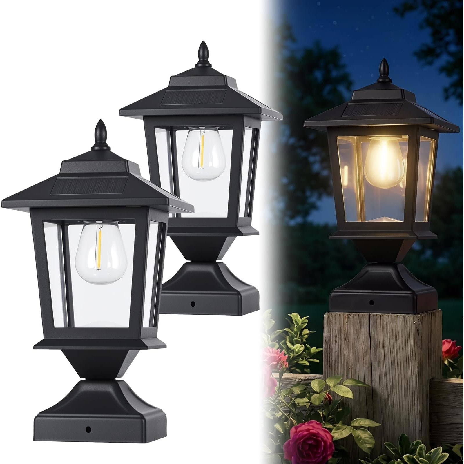 Knojodu  2 Pack Solar Post Cap Lights for 4x4 Wooden Posts Waterproof Outdoor LED Deck Fence Patio Light with Glass Shade Matte Black 5.5x5.5x9.8 Inches
