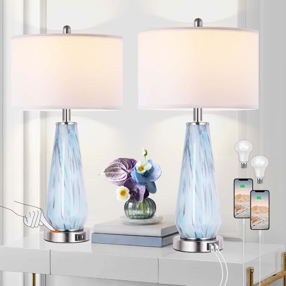 Coolbibila LEVI-LAMP-BLUE Set of 2 Modern Touch Control Blue Gray Glass Table Lamps 3 Way Dimmable with USB Ports for Bedroom
