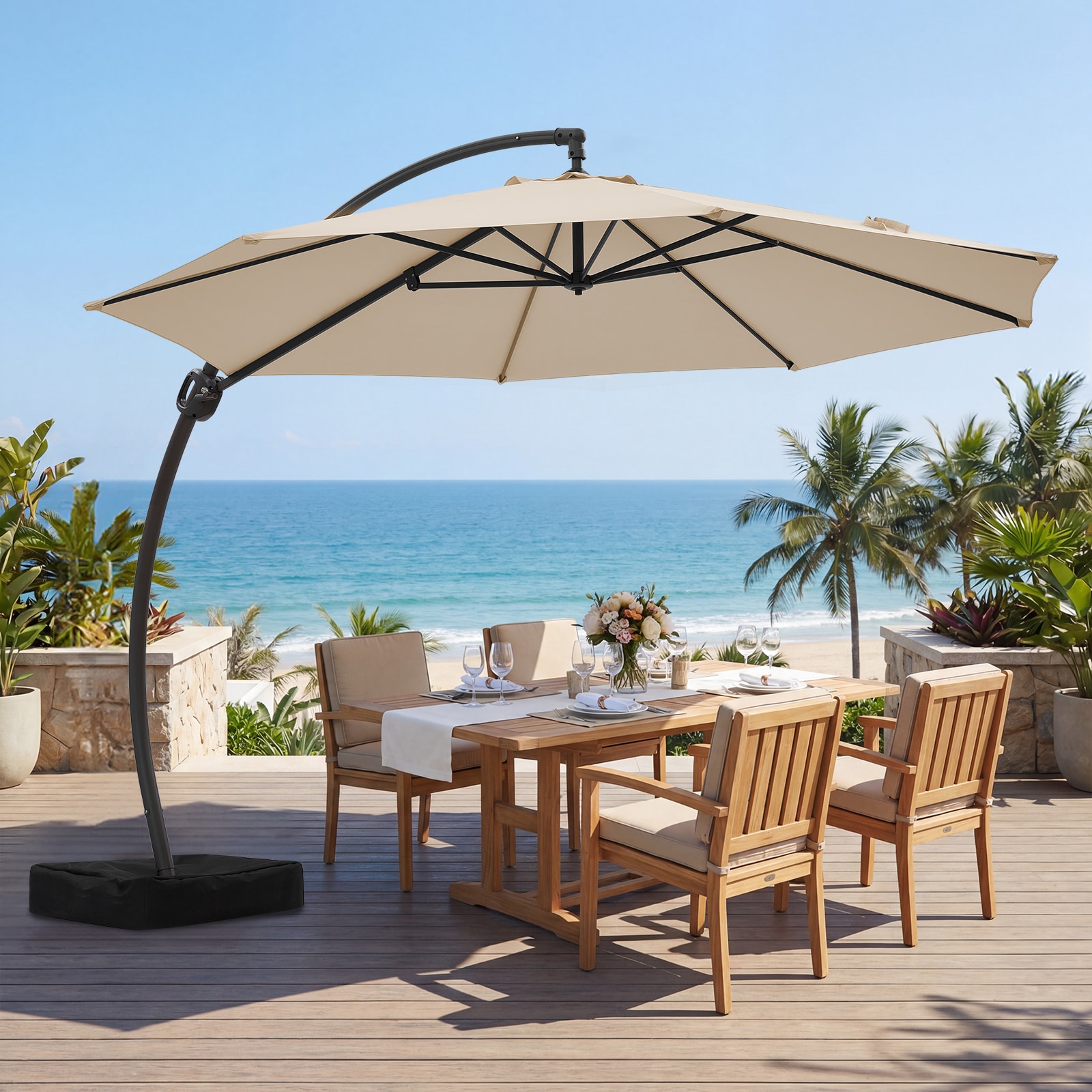 JEAREY JE-12FTTJWT-BE 12-ft Aluminum Beige Crank Cantilever Patio Umbrella with Base
