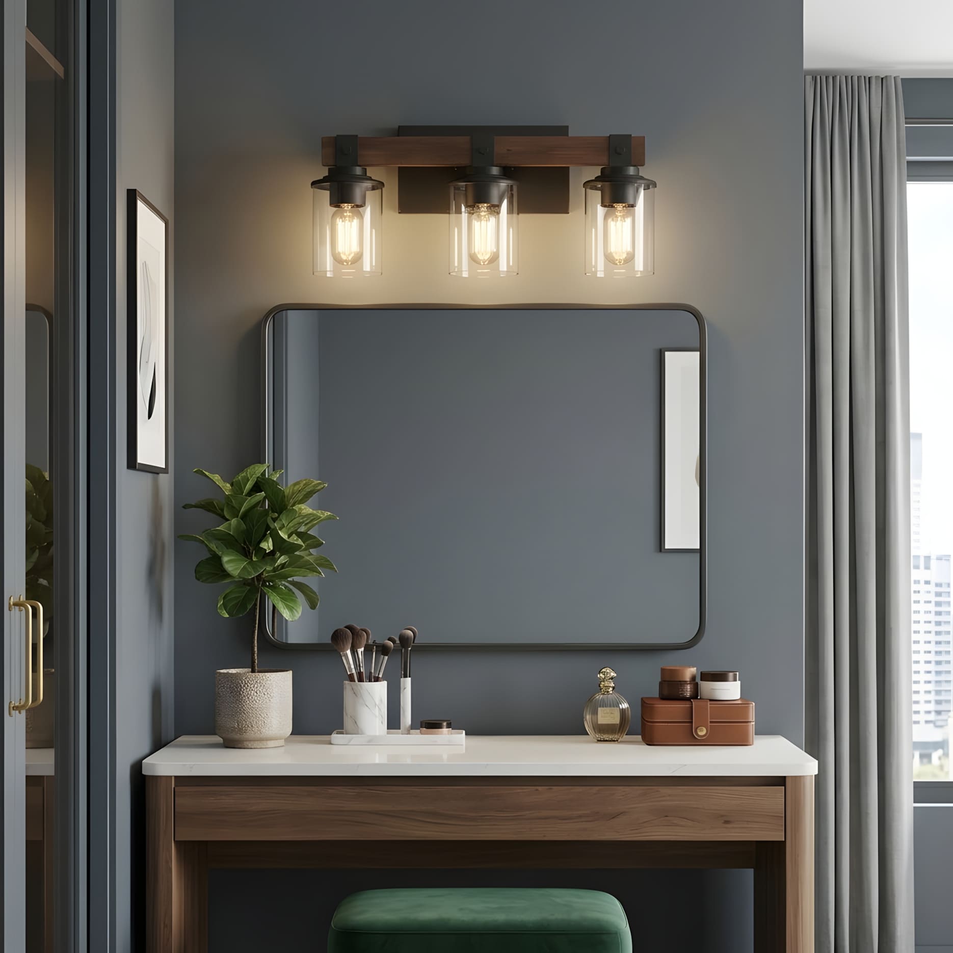 RCCFBHM 19-in Transitional Farmhouse-Style 3-Light Solid Wood and Black Metal Bathroom Vanity Light