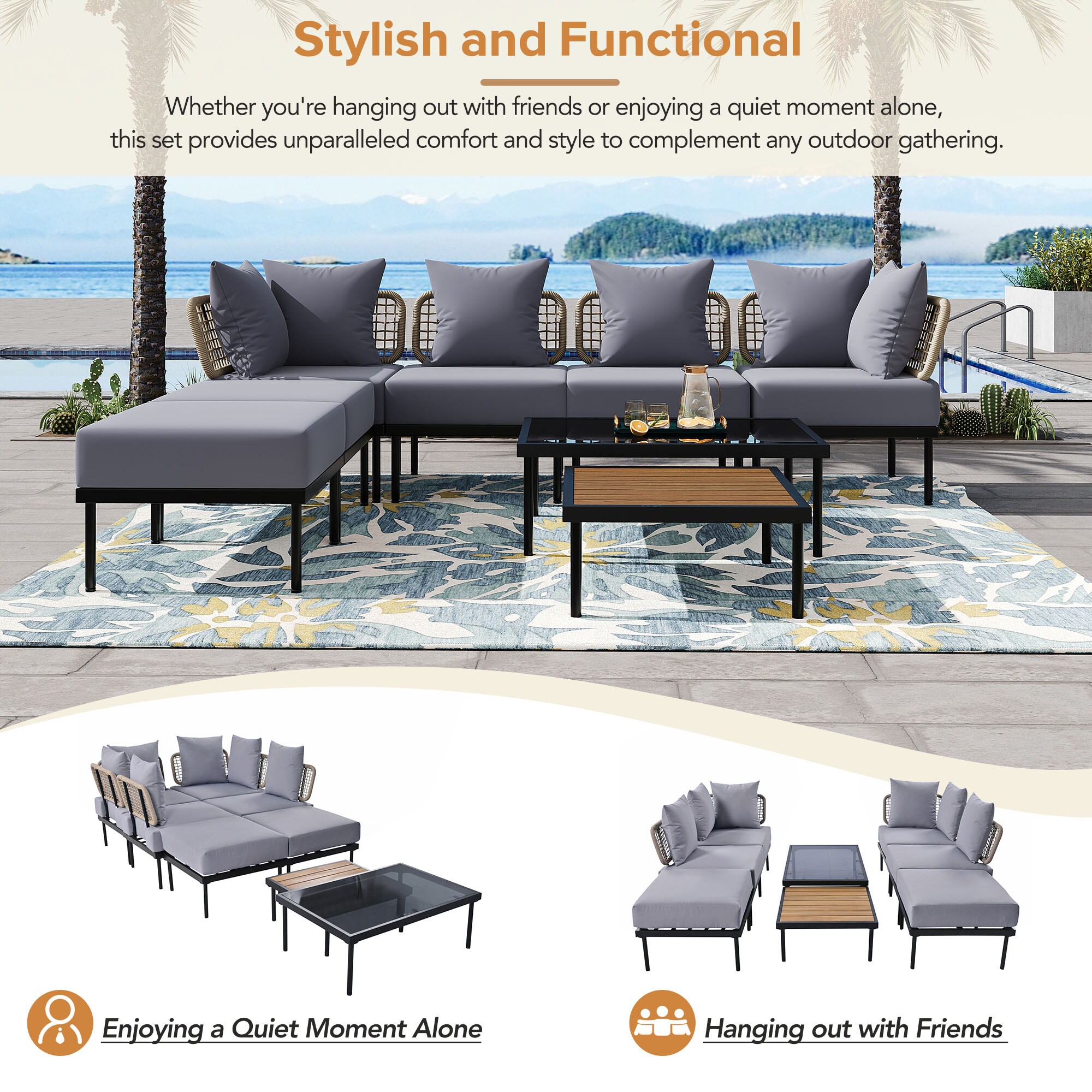 8-Piece Light Grey Steel Patio Sectional Sofa Set with Cushions
