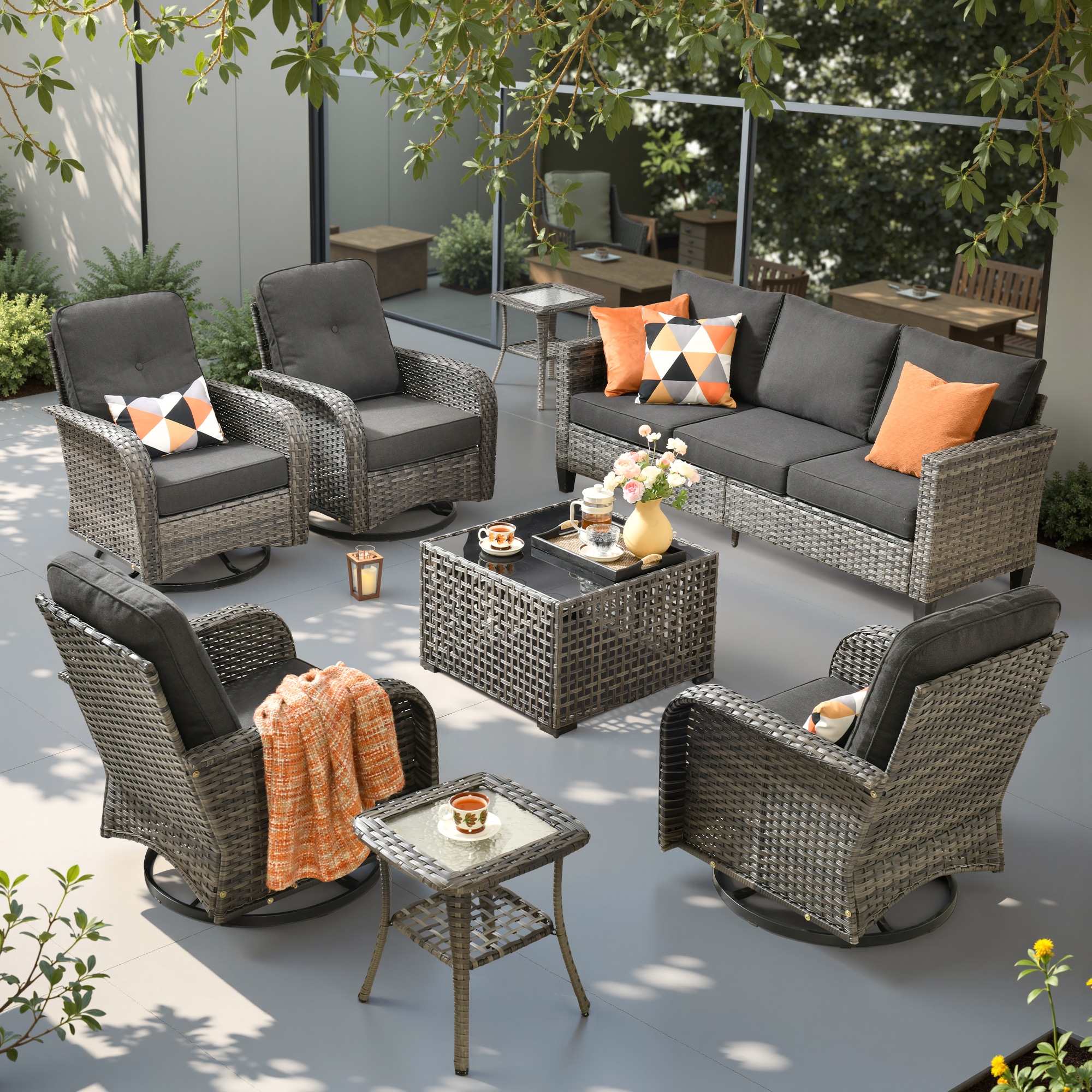 weaxty HMBYZGNCNGRS108S1 Initial 8 -Piece Wicker Patio Sofa Conversation Set with Black Cushions