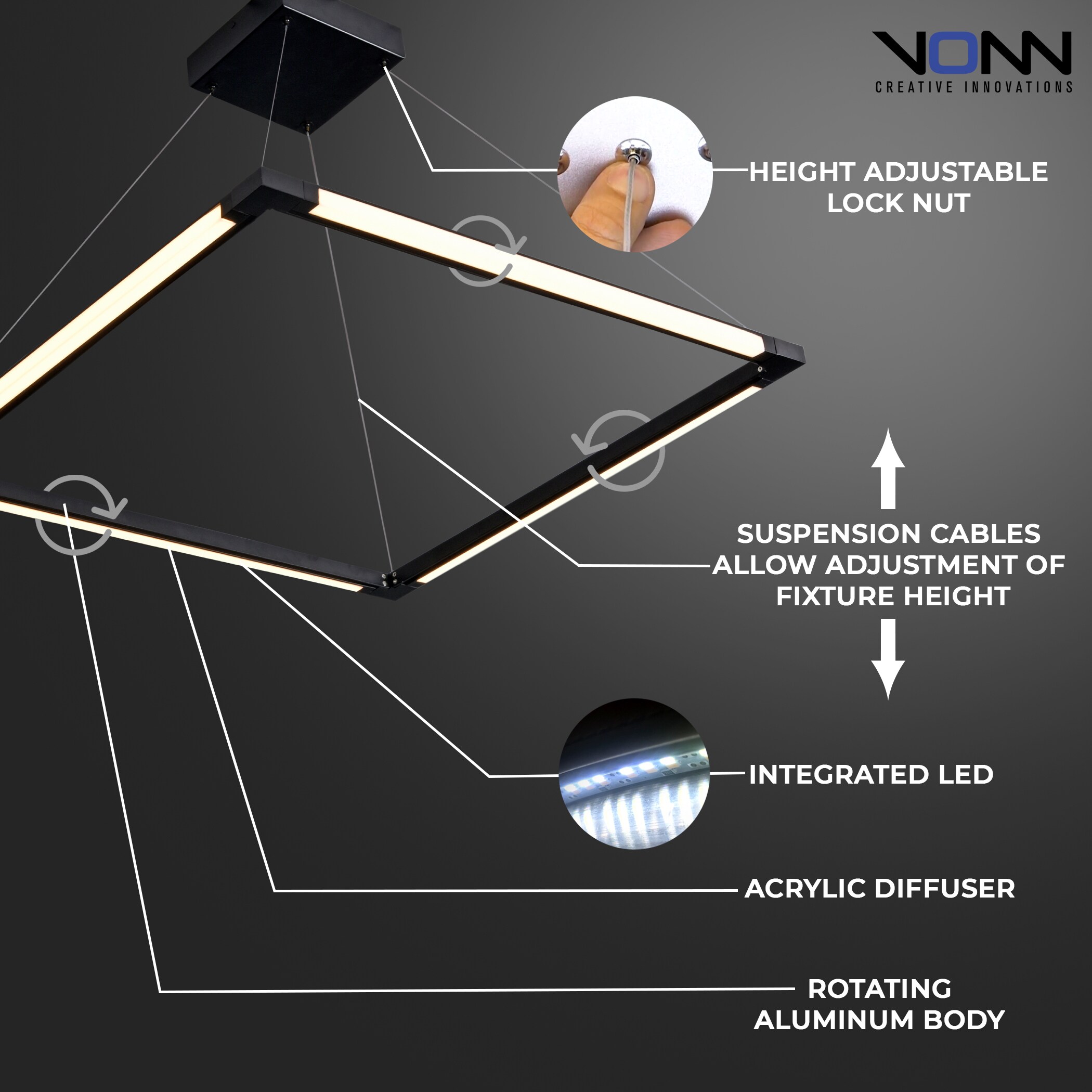 Atria Crystal Black 24" Square LED Adjustable Chandelier