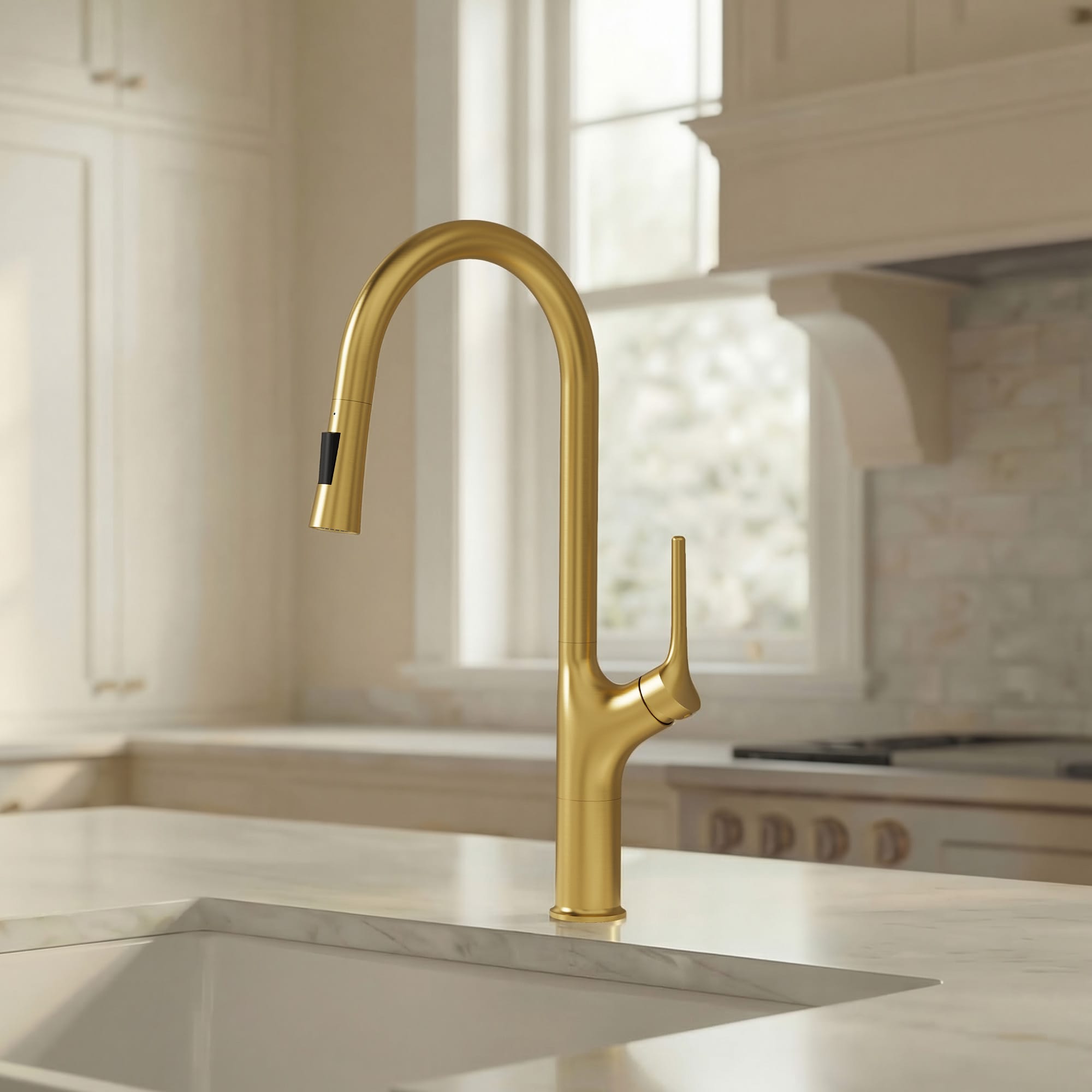 GRANDJOY  Brushed Gold Single-Handle Deck-mount High-Arc Pull-Down Kitchen Faucet with Sprayer
