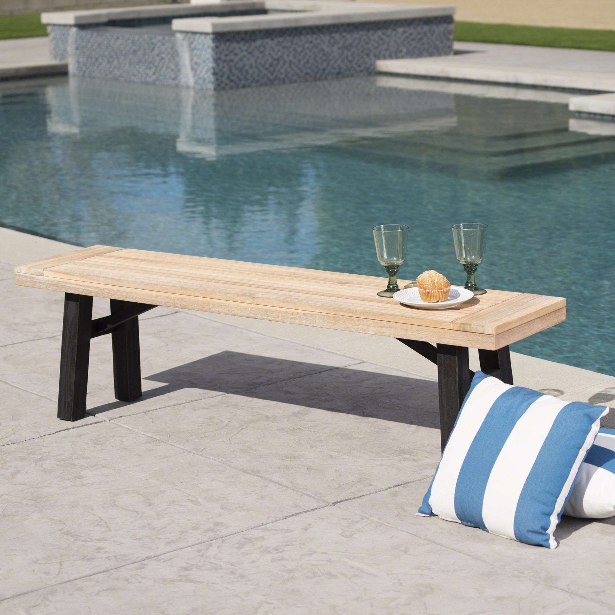 Clihome Patio Benches 63-in W x 17.75-in H Grey Acacia Dining Bench
