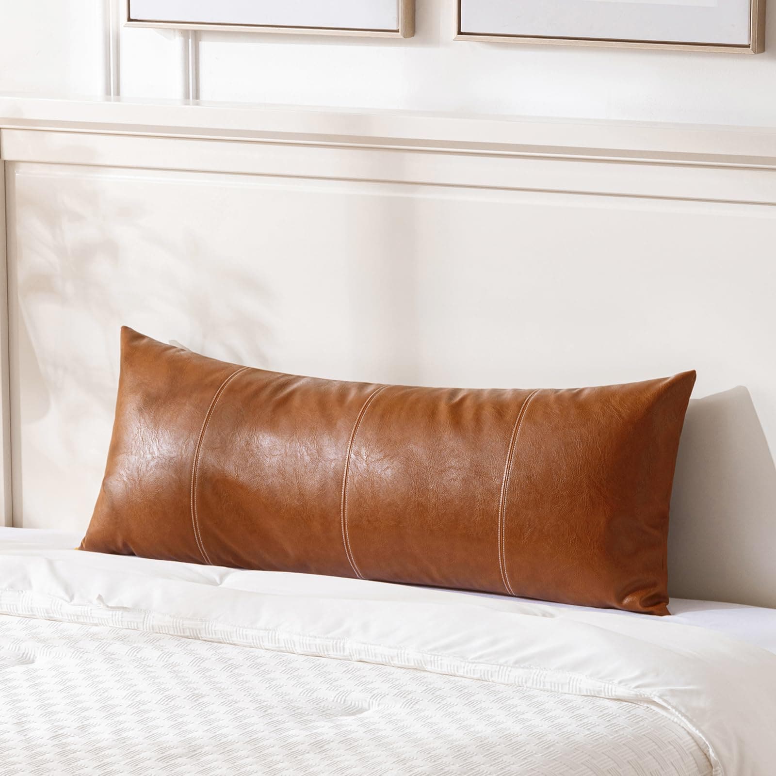 Phewnyzo  Brown Boho Long Lumbar Faux Leather Body Decorative Throw Pillow Cover 14x36 Inch for Bedroom Couch Bed Sofa Bench