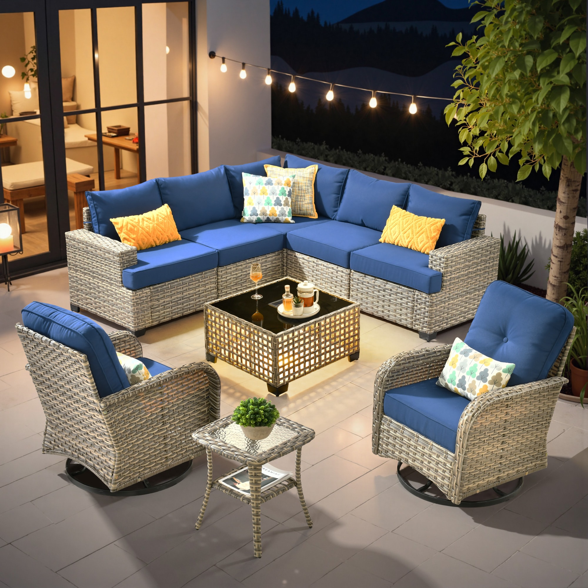 Ovios TS709TYV 9 -Piece Wicker Patio Conversation Set with Blue Cushions