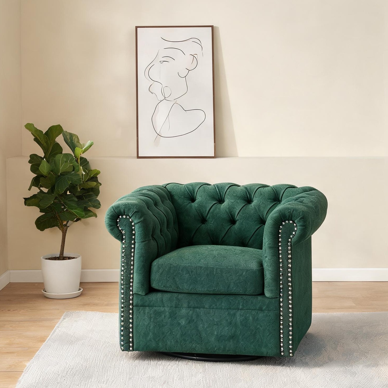 chillscreamni 360-Degree Swivel Chesterfield Club Chair Dark Green Fabric 39.25 Wide