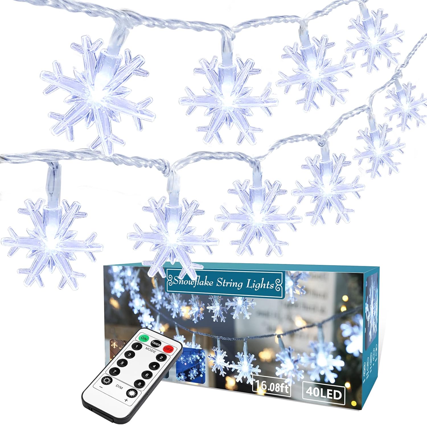 BrizLabs -  White Snowflake Christmas String Lights 16.08 Feet 40 LED Christmas Lights with Remot...