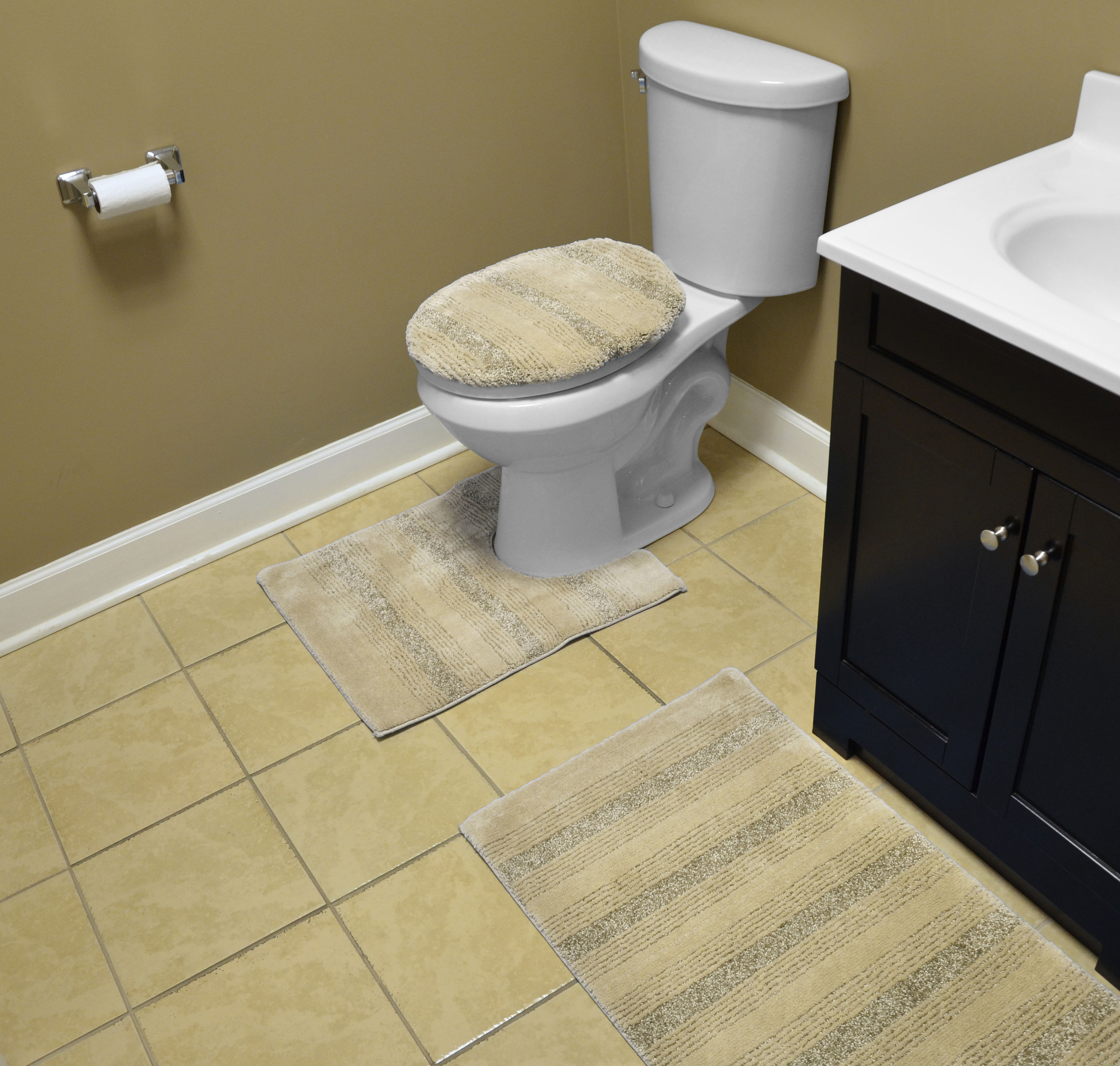 Essence 3-Piece Nylon Washable Bathroom Rug Set in Linen