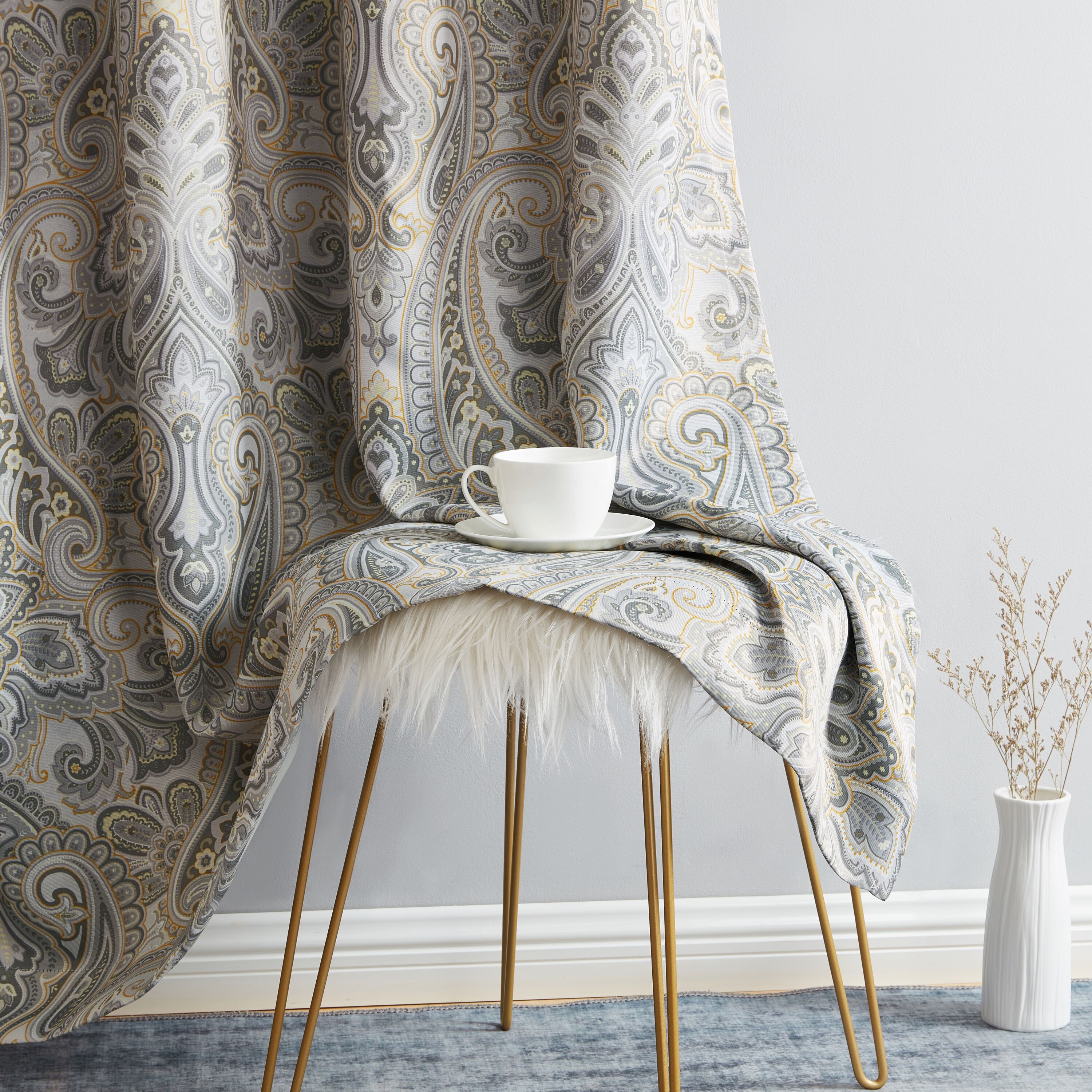 Grey Yellow Paisley Damask Blackout Grommet Window Panels