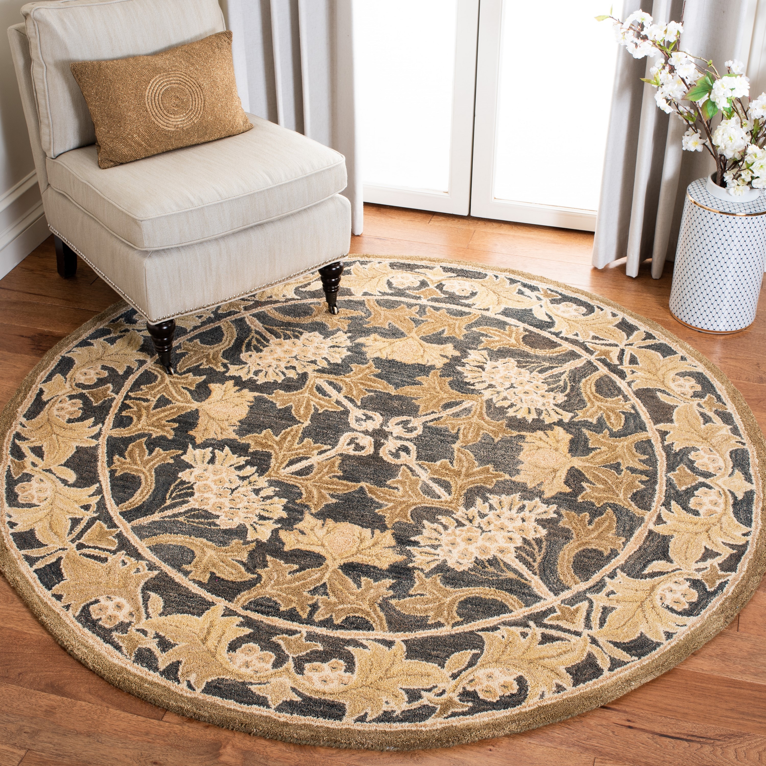 Safavieh AN541A-4R Anatolia Attalid 4 x 4 (ft) Tufted Wool Navy/Sage Round Indoor Floral/Botanical Vintage Area rug
