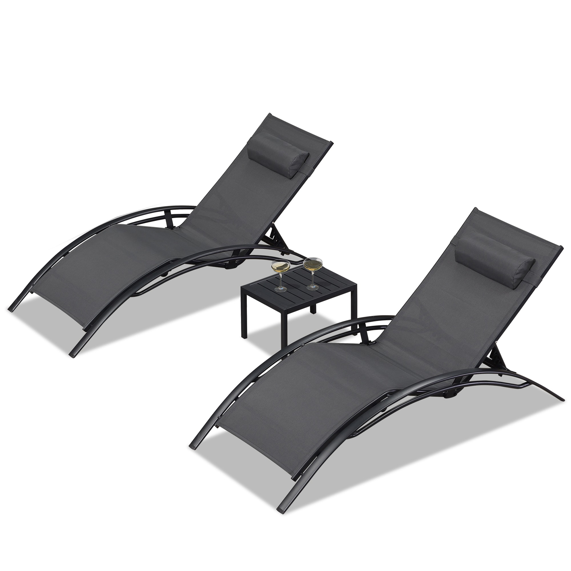 PURPLE LEAF LSMCLS01-XXL-GY-1 Streamlined Stackable Adjustable Chaise Lounge with Table Set of 2 Stackable Oversize Aluminum Frame Stationary Chaise Lounge Chair with Gray Mesh Seat