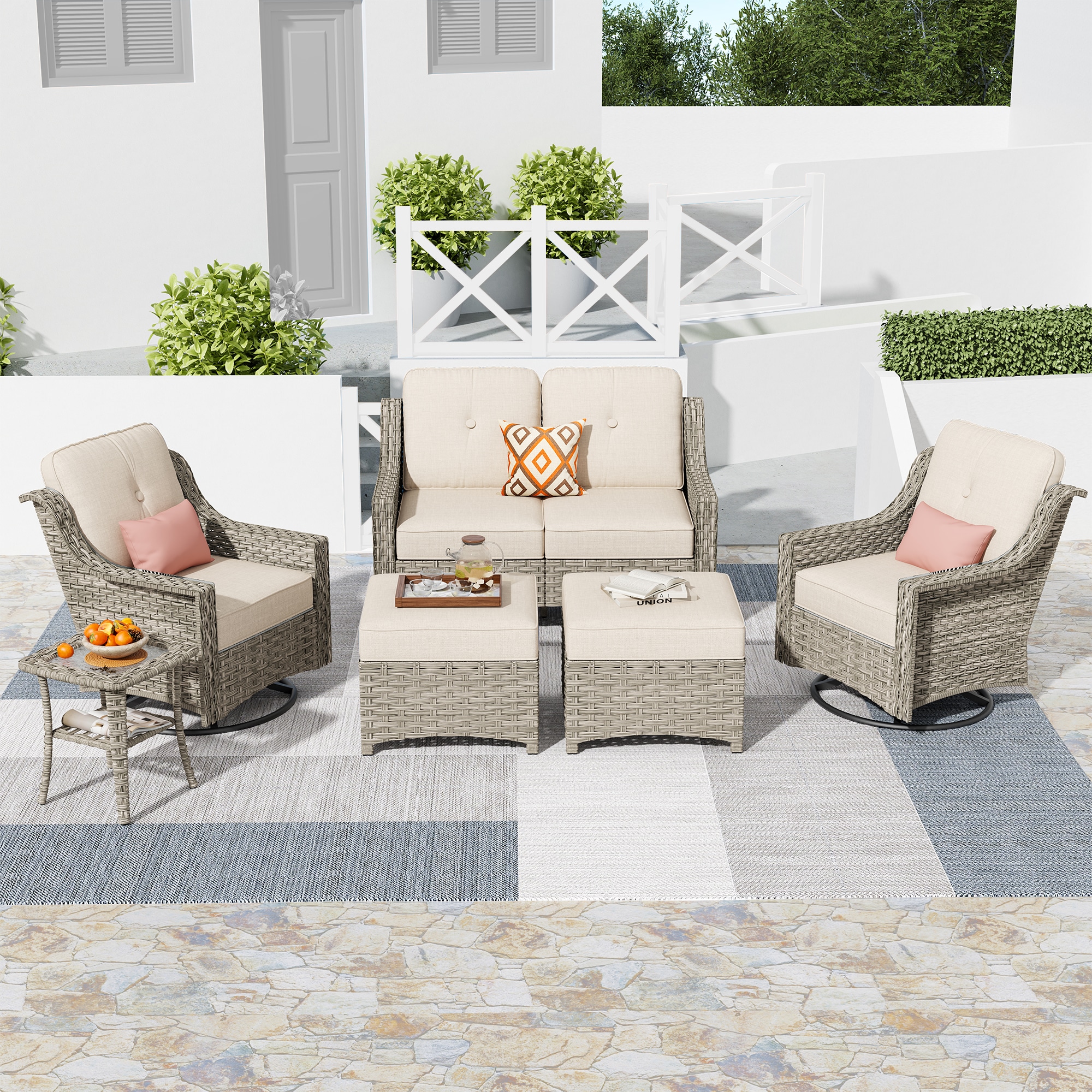 Pouuin SPAD605 6 -Piece Wicker Patio Sofa Conversation Set with Off-white Cushions