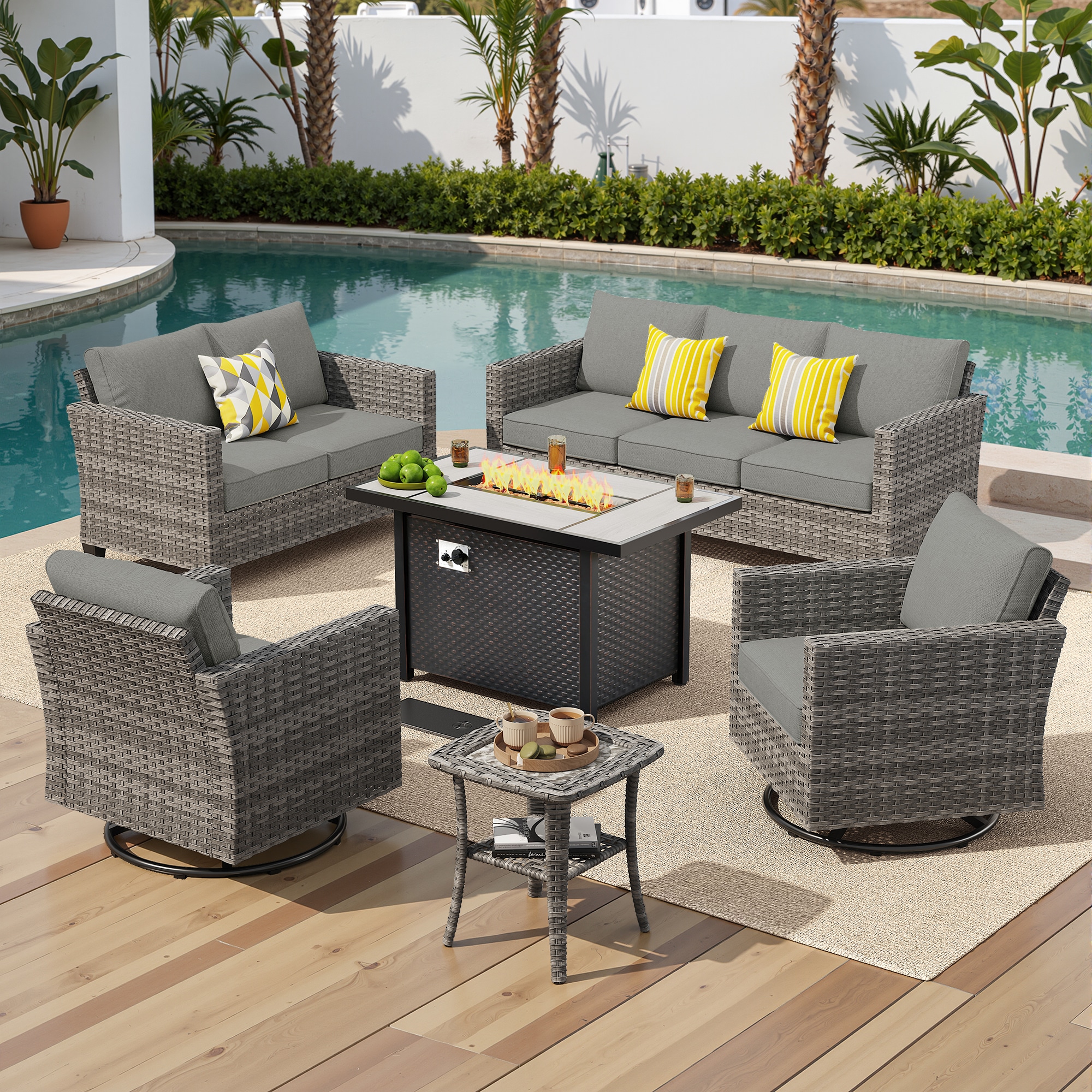 Pouuin SCFPYZG205 6 -Piece Wicker Patio Sofa Conversation Set with Dark Gray Cushions
